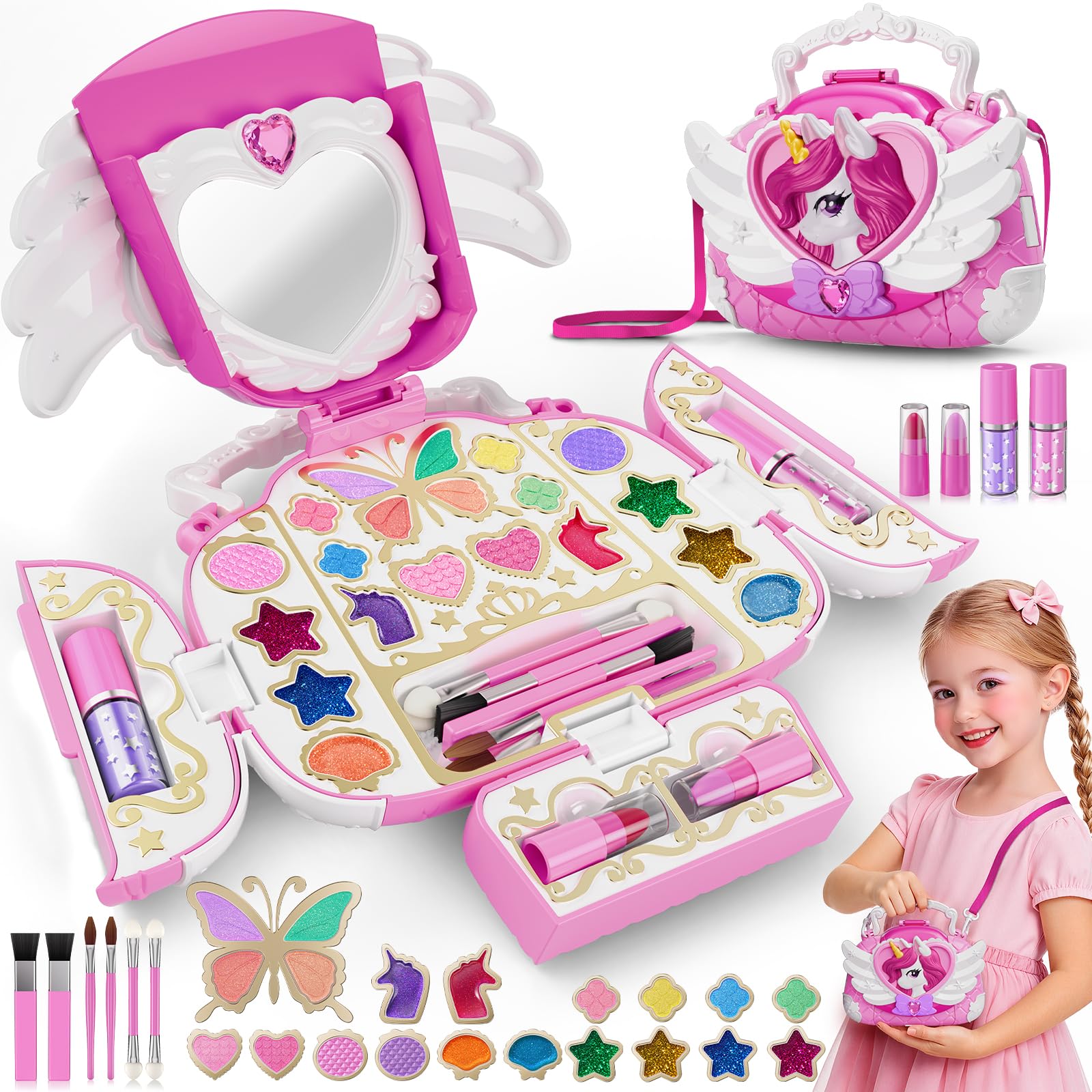 Unicorno Trucchi Bambina Set 3-12, Sicuro Lavabile kit di Trucco da principessa DIY Bambini con Specchio e Cinturino, Valigetta Trucchi Natale Feste Compleanno Regalo Bambina 4 5 6 7 8 9 10 11 12Anni