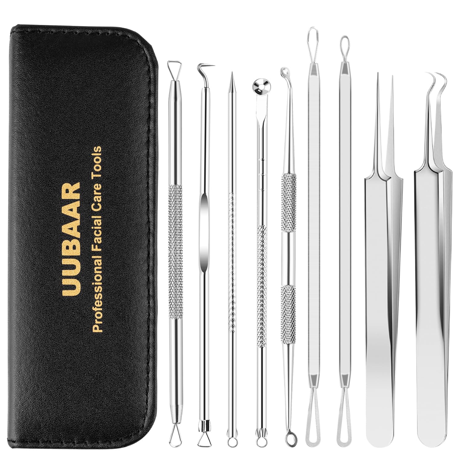 9 PCS Blackhead Remover Tools, Pimple Popper Tool Kit & Comedone Extractor - Professional Acne, Zit, Blemish & Whitehead Removal for Face & Nose, with Stainless Steel Tweezers & Travel Case, UUBAAR