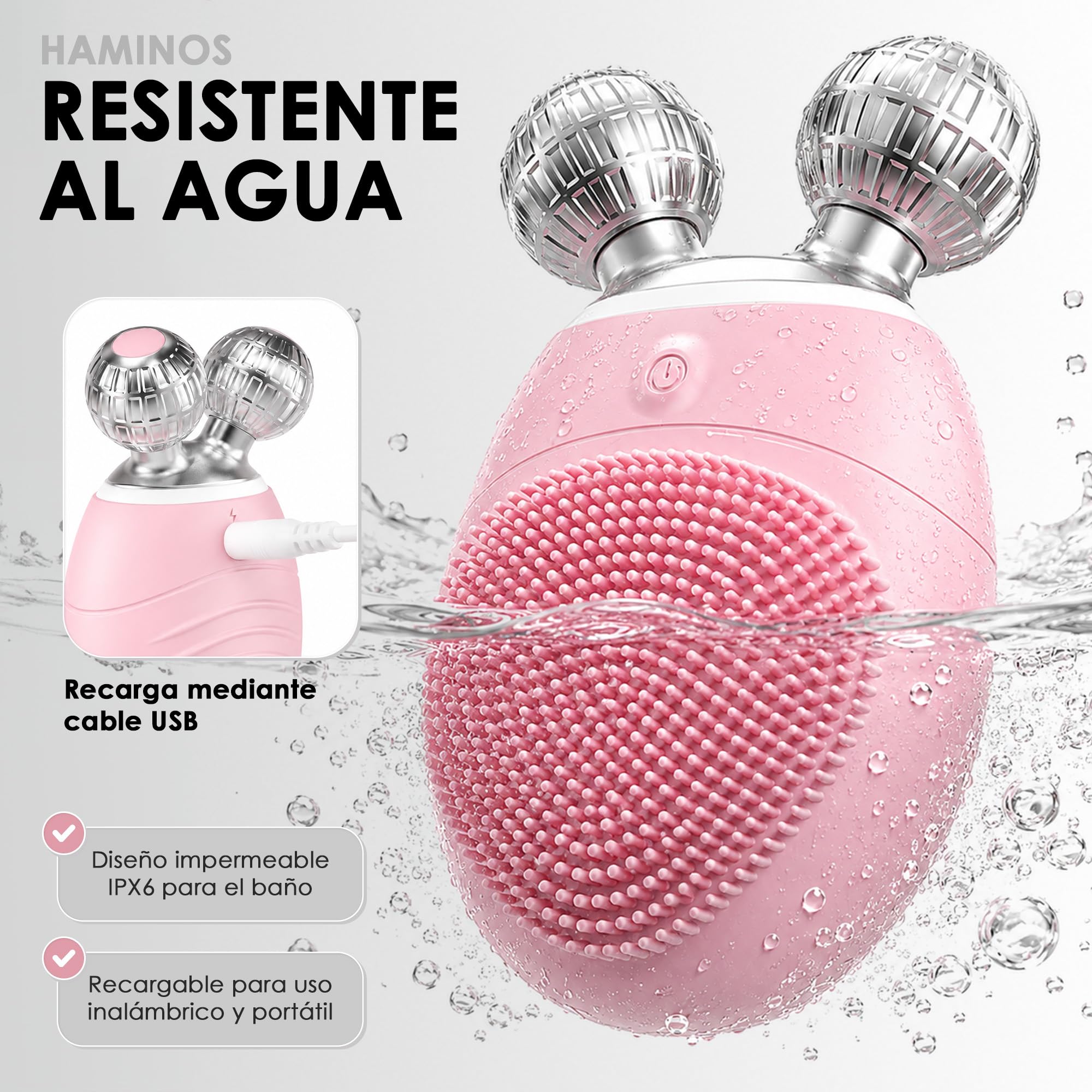 HAMINOS Cepillo Limpiador Facial Eléctrico 3 en 1, Masajeador Facial de Silicona con V-Roller, 5 Modos Sónicos, Impermeable Recargable, para Limpieza Facial, Lifting y Cuidado de la Piel