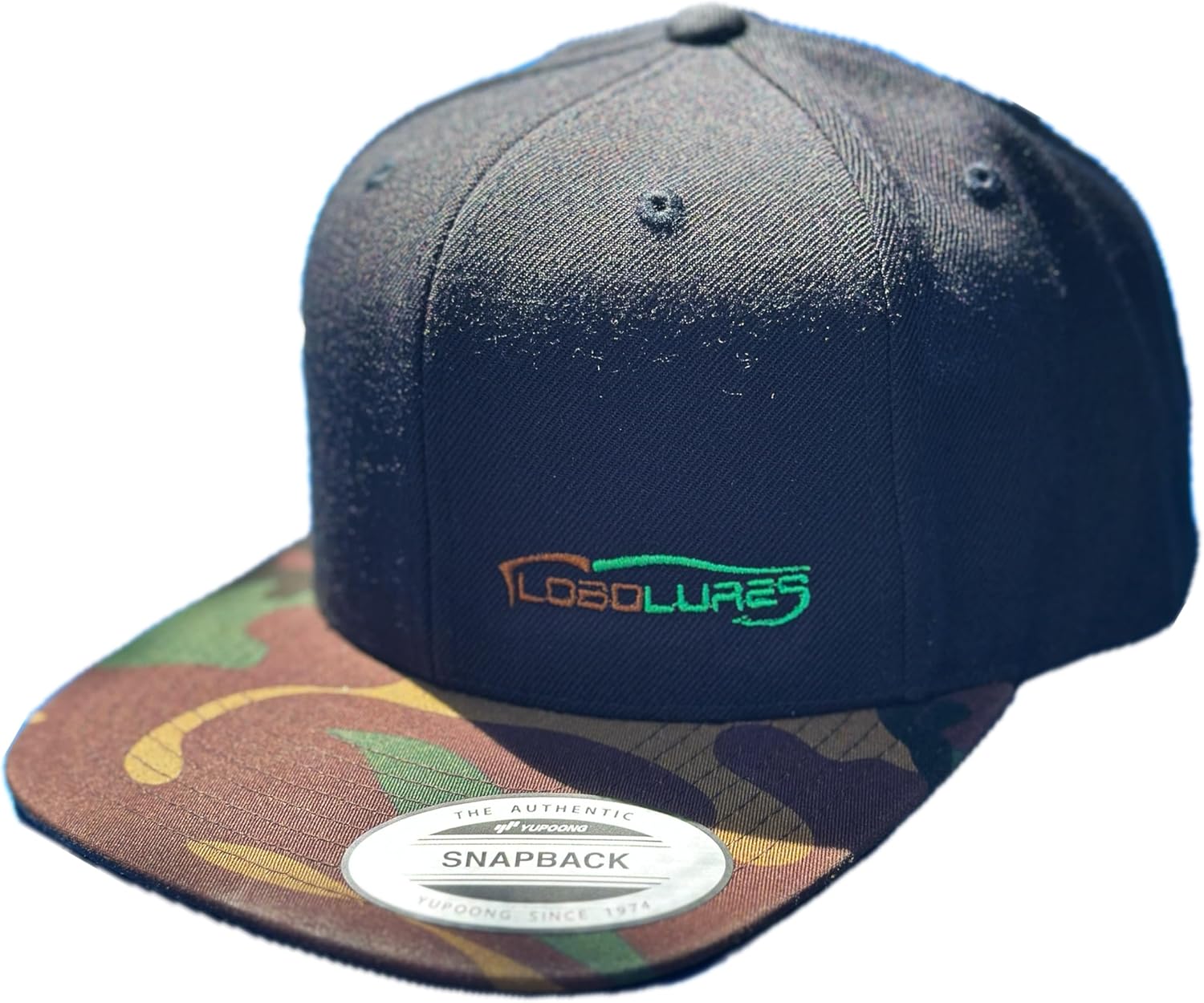 Lobo Lures Signature Camo Snapback Hat, Camo Bill Adjustable Baseball Cap, Embroidered Design Offshore Fishing Hat