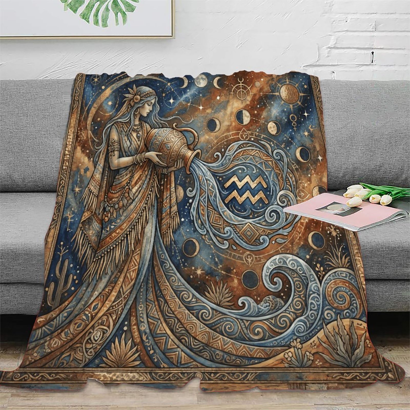 W7C8U2X3 Aquarius Zodiac Bohemia Flannel Throw Blanket, Bedroom Sofa Couch