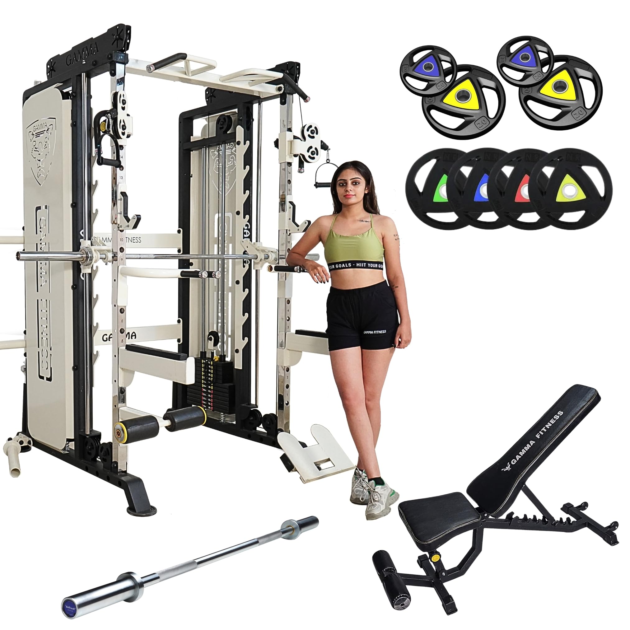 Gamma Fitness Functional Trainer with Smith Machine FTS-701 Luxury with Adjustable Bench AB-201 + Olympic 7 Feet Rod + Olympic Rubber Coated Weight Plates FTP-971 (with 80 Kg Rubber Coated Plates)-image-24