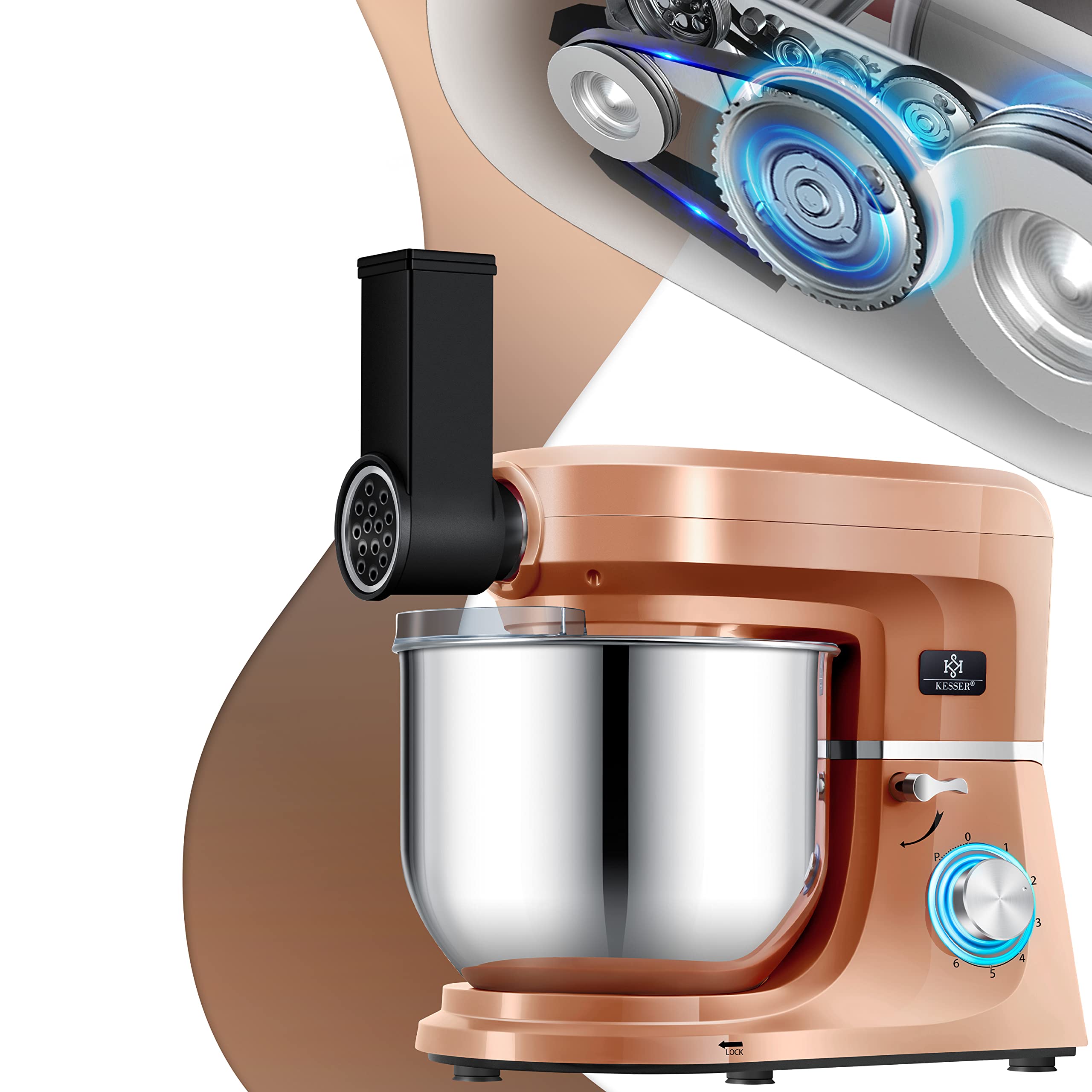 KESSER® Robot ménager universel 3 en 1 K-KM 3 000 avec hachoir à viande, pétrin | Mélangeur multifonction | Extracteur de jus de 1,5 L, Kit pour saucisses, moules pour pâtes et biscuits, le cuivre