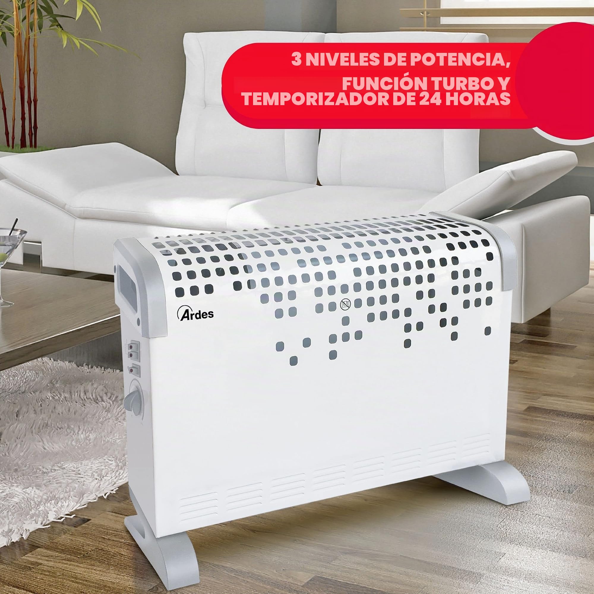 ARDES AR4C03 Termoconvector eléctrico TURBINE 1600/1800W, Estufa Eléctrica para calentar la casa la oficina, Termoconvector eléctrico con Termostato, Calefactor convector de aire