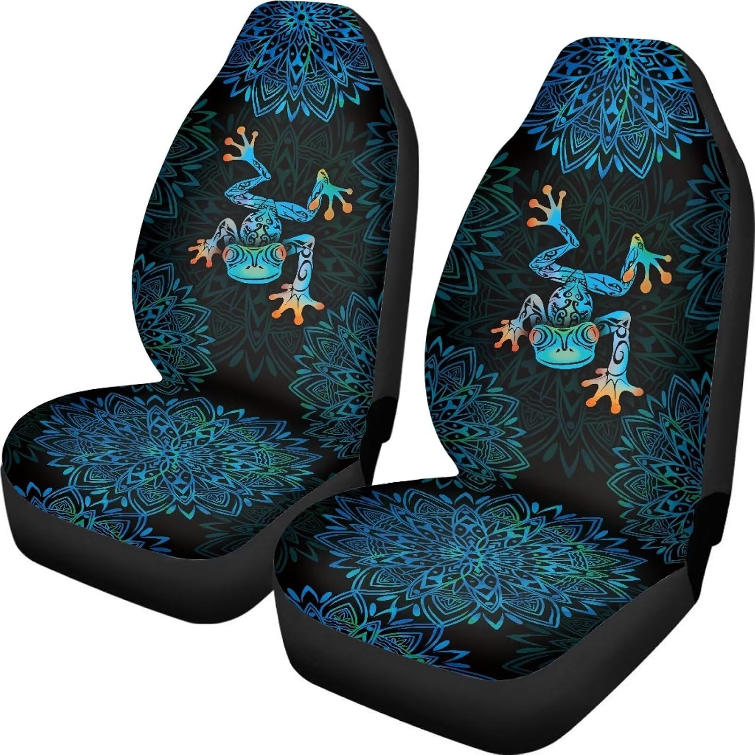 Boho Mandala Frog Print Auto Seat Cover Sets, 2 Packs Breathable Auto Interior Decoration Wear-Resisting Car Interior Cover, Fits Most Vehicles, Cars, Sedans, Trucks, SUVs, Vans