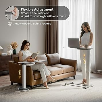 EUREKA ERGONOMIC Overbed Table with Wheels, 35.4 Pneumatic Adjustable Bedside Desk with C-Shaped Base, HPL Top, Aluminum Frame, Lockable Casters, for Home Care, Office, Sofa, Bedside, Light Greige