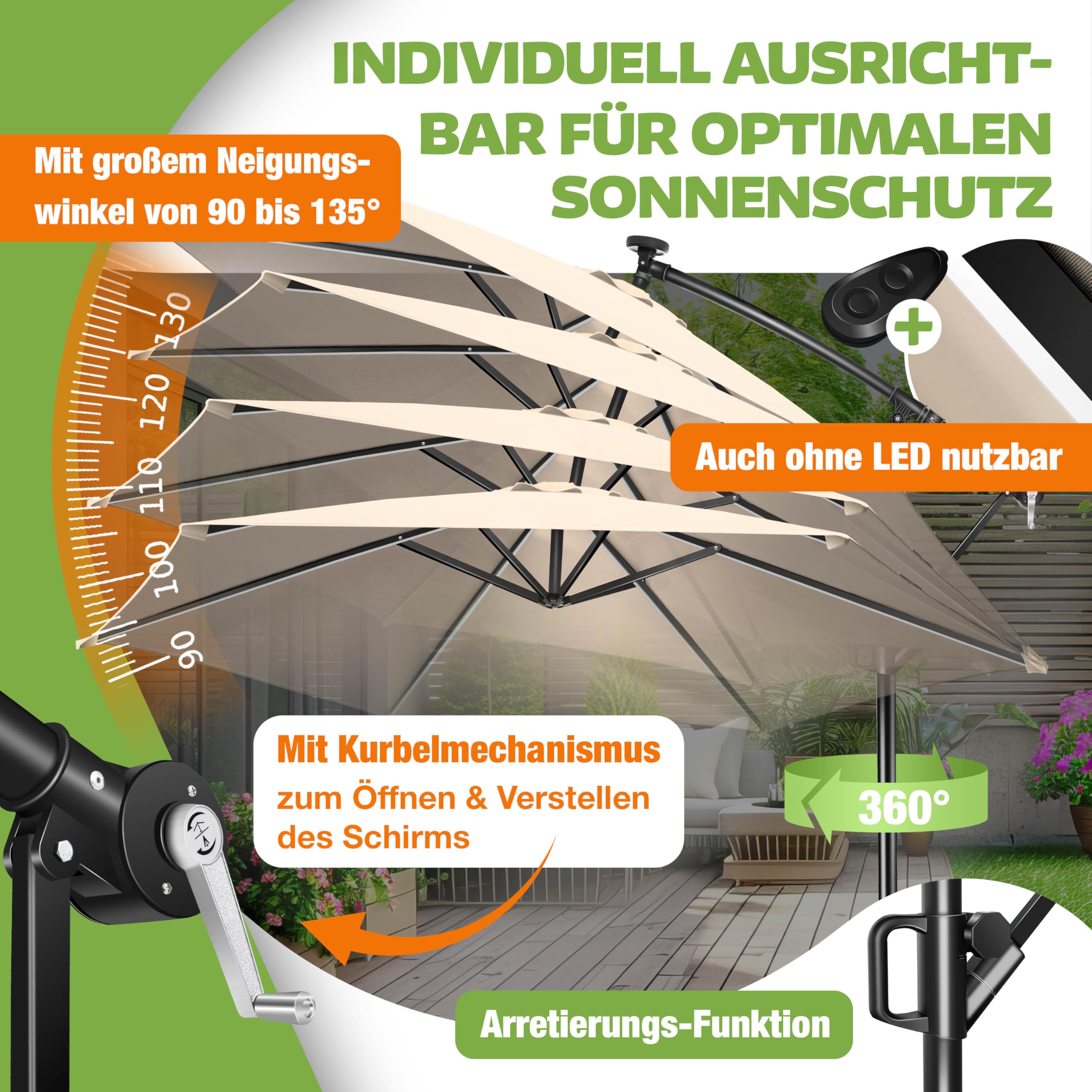 KESSER® Sombrilla LED Solar Aluminio 350cm Incluido Funda Control Remoto & Manivela | Parasol con Soporte Función 360° Protección UV Repelente Agua para Jardín Terraza Mercado Beige