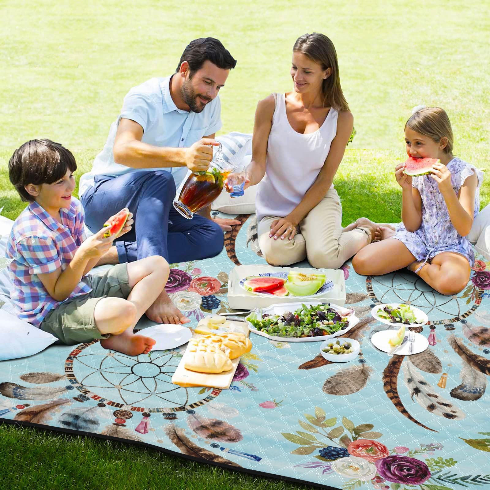 Picknickdecke, 200 x 200 cm, Feder-Traumfänger, große Picknick-Matte, wasserdicht, Stranddecke, tragbarer Outdoor-Teppich, Camping-Matte