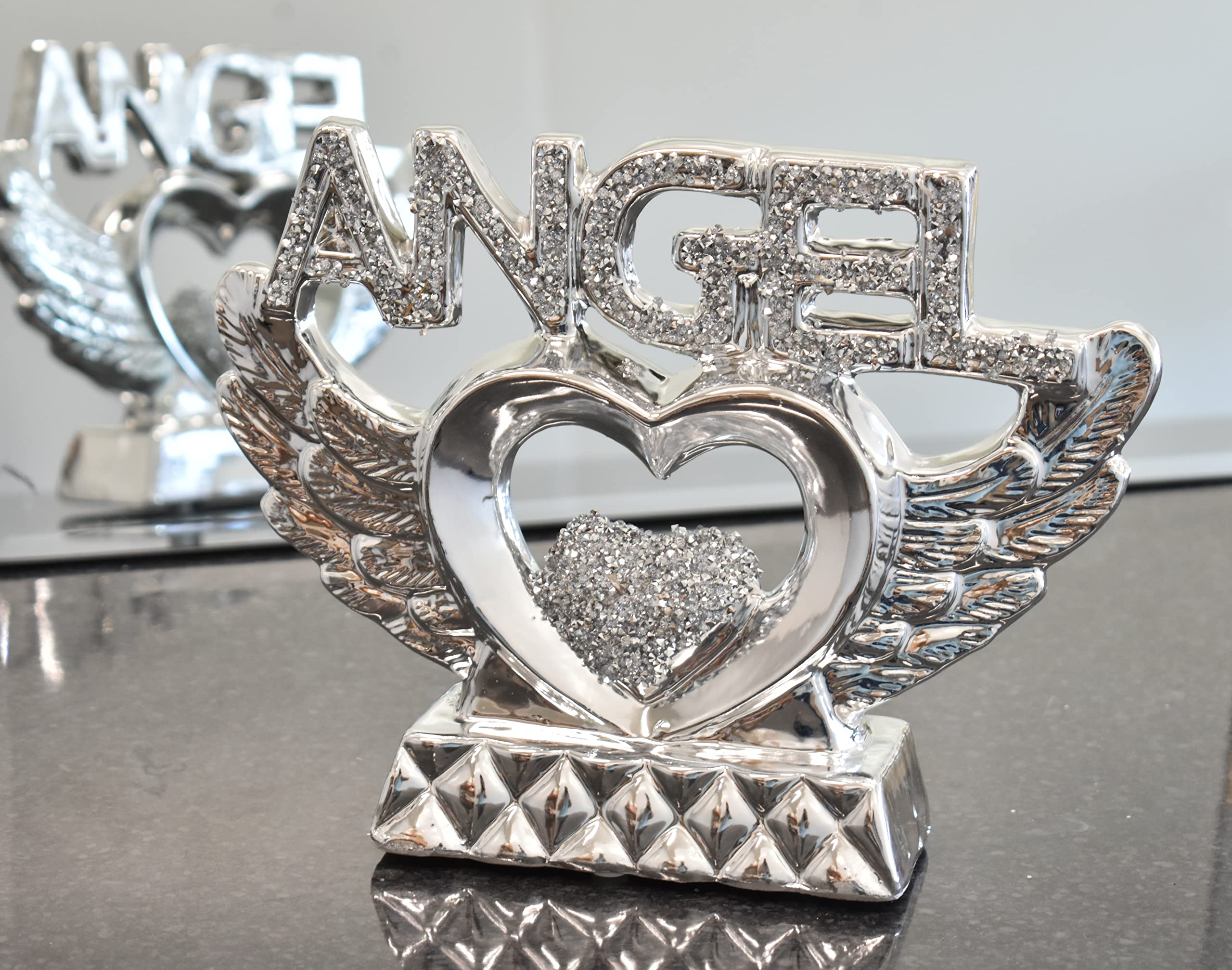  - Silver Crushed Diamond Angel Heart With Wings Ornament