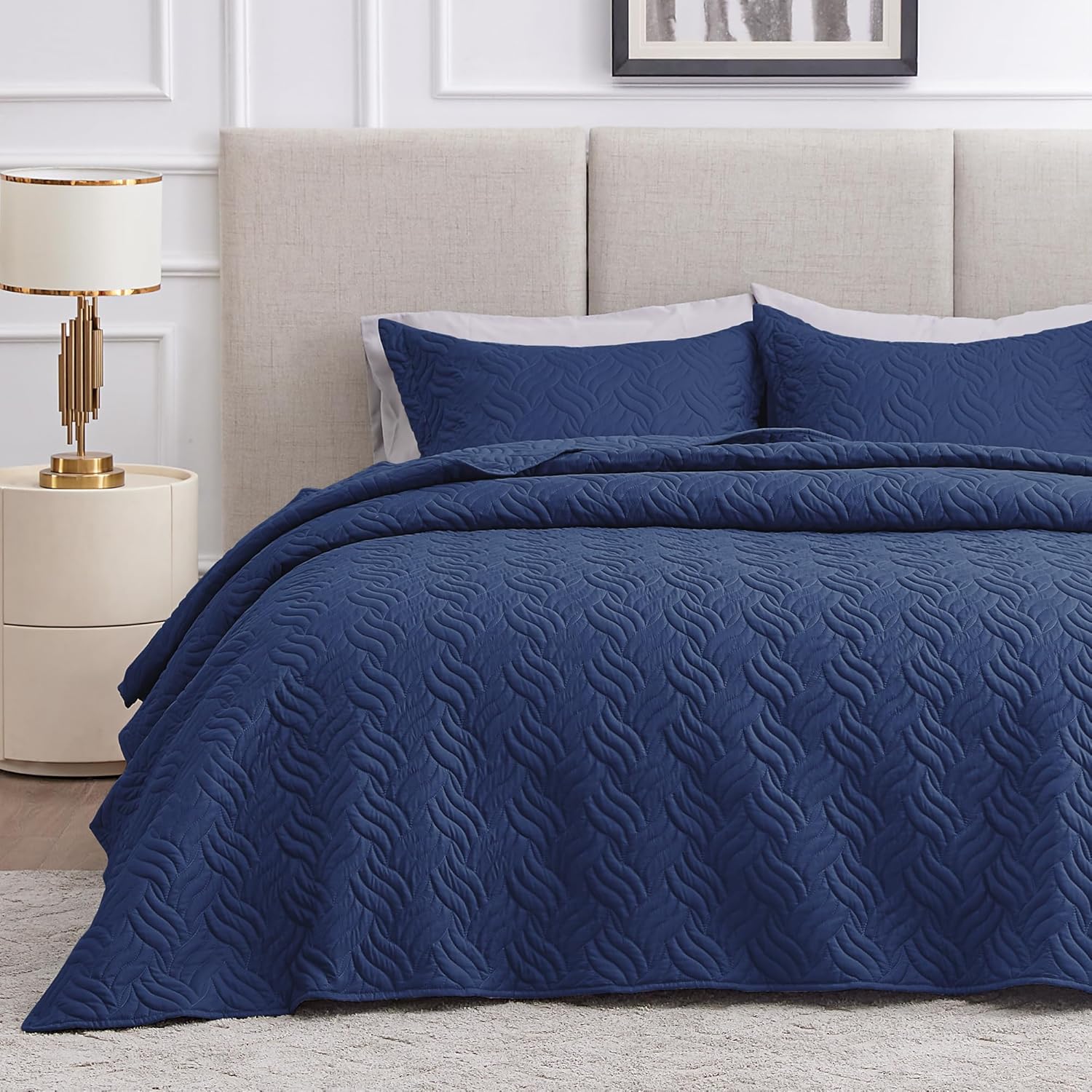Love's cabin California King Size Quilt Bedding Set Navy Bedspread - Cal King Summer Lightweight Bedspread Comforter - Wave Pattern Coverlet for All Season - 3 Pieces (1 Quilt, 2 Pillow Shams) Cal King (118"x106") Wave Pattern Navy