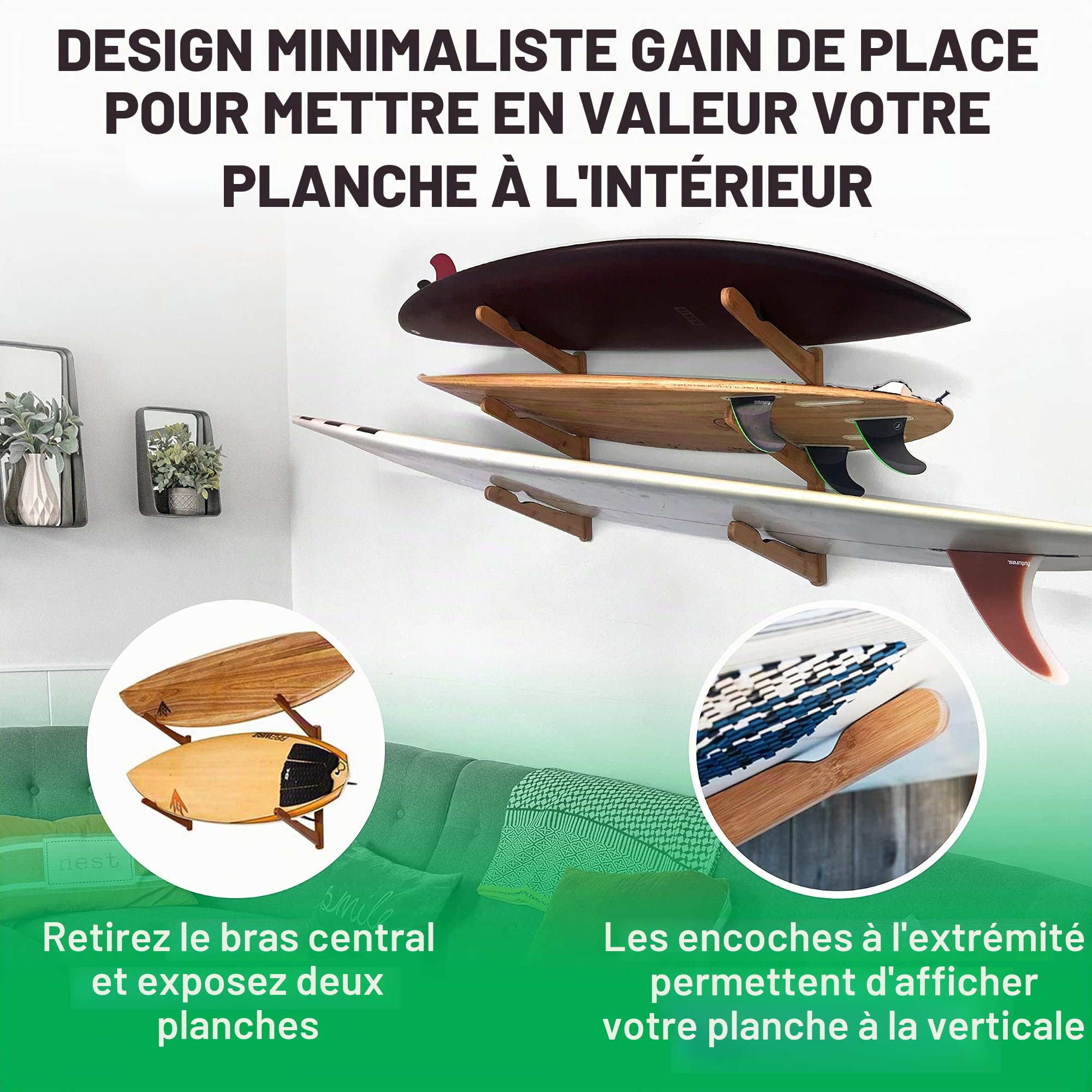 COR Surf Support Mural Multiple en Bois pour Planches de Surf – Porte-Planches de Surf en Bambou