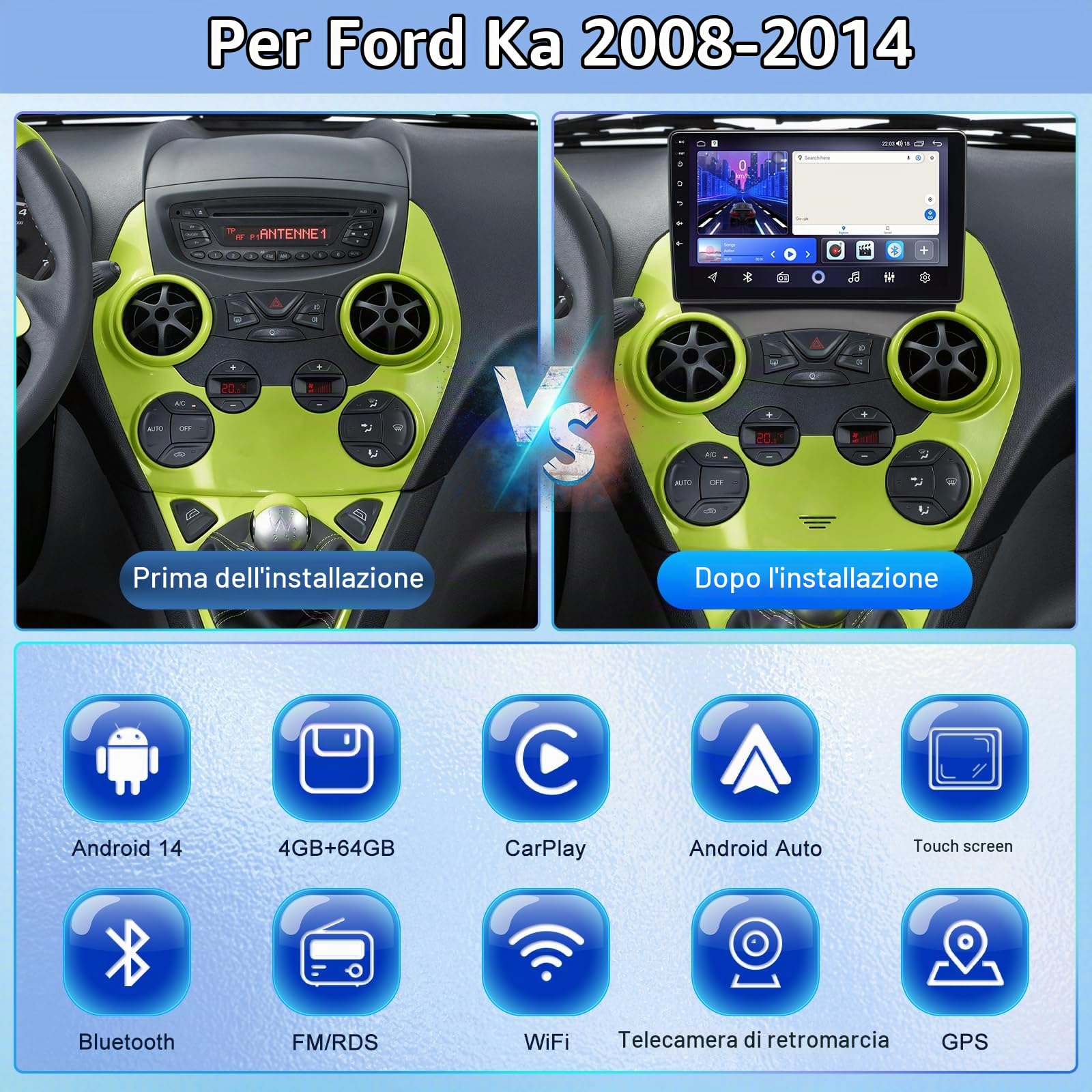 4+64G Android 14 Autoradio Stereo per Ford Ka 2008-2014 con Wireless Carplay Android Auto, 9 pollici Touch Screen Radio Lettore Multimediale con navigazione GPS FM RDS Mirror Link SWC Schermo diviso
