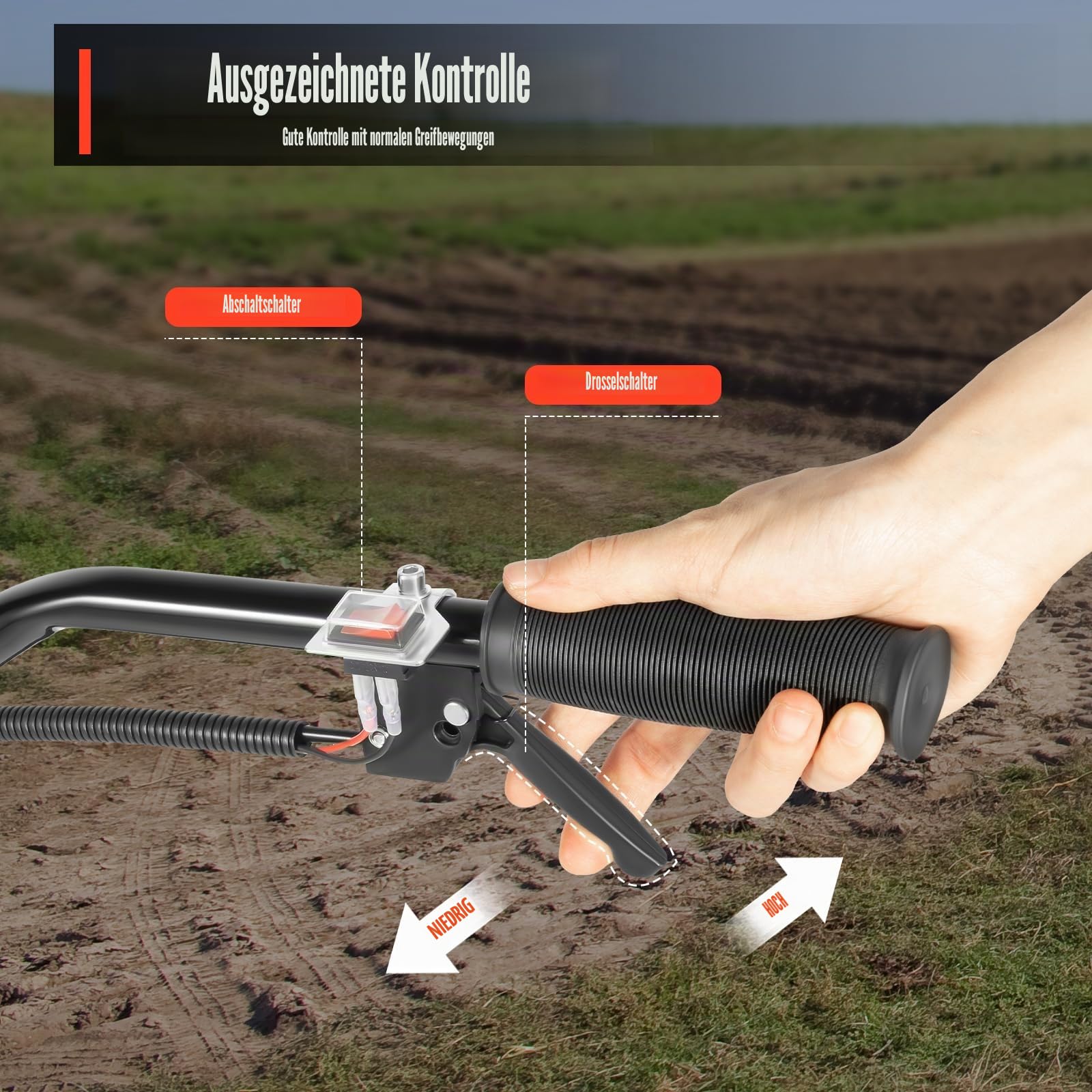 Gartenfräse Benzin, 52CC 2 Takt Motorhacke Benzin mit 30cm Arbeitsbreite, 1,9KW Bodenfräse, 6500–7000 U/min Kultivator, Kehrmaschine für Garten, Feld & Beet