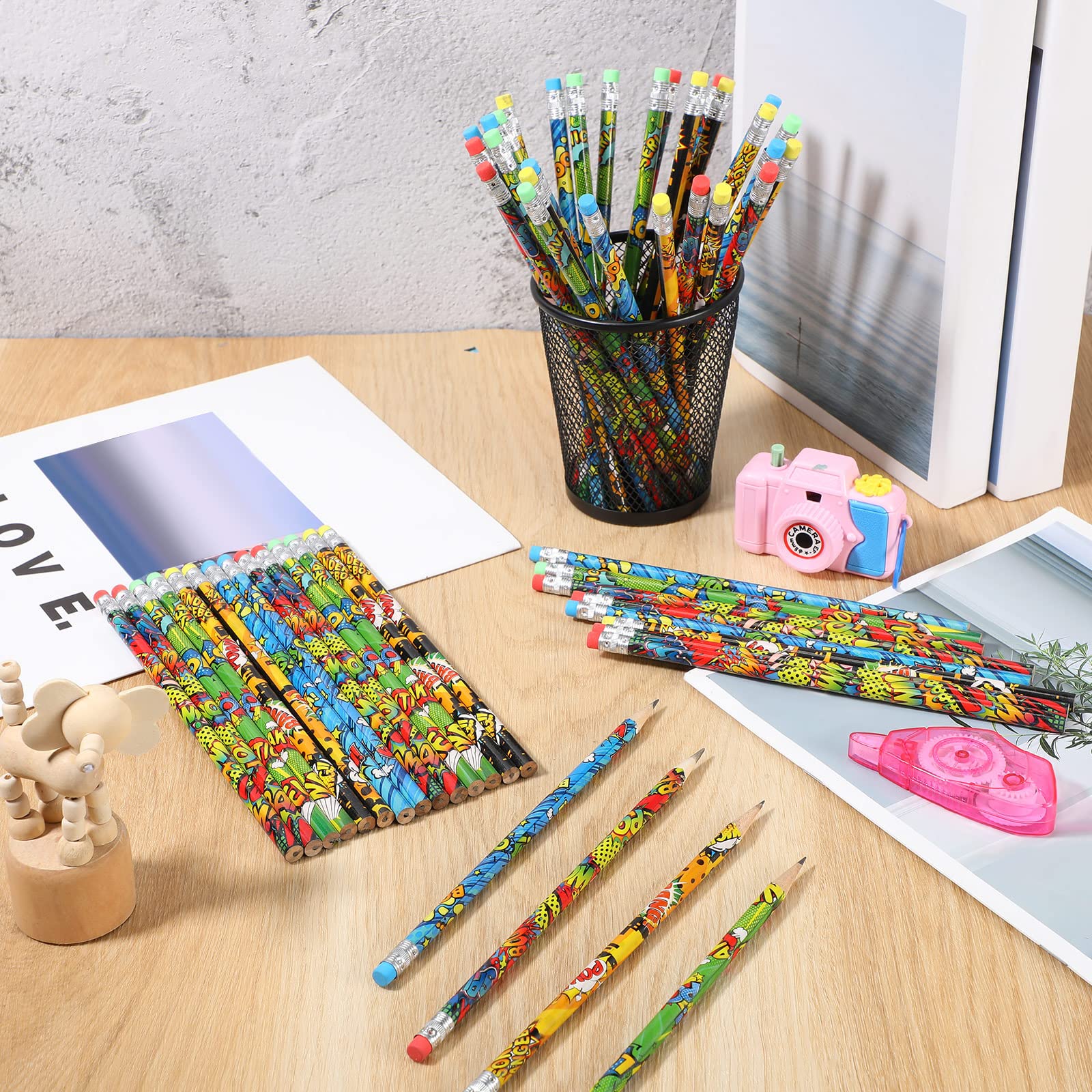 100 Pieces Hero Themed Pencils - POW! SNAP! WHAM! BANG! Design With Erasers For Kids & Classroom