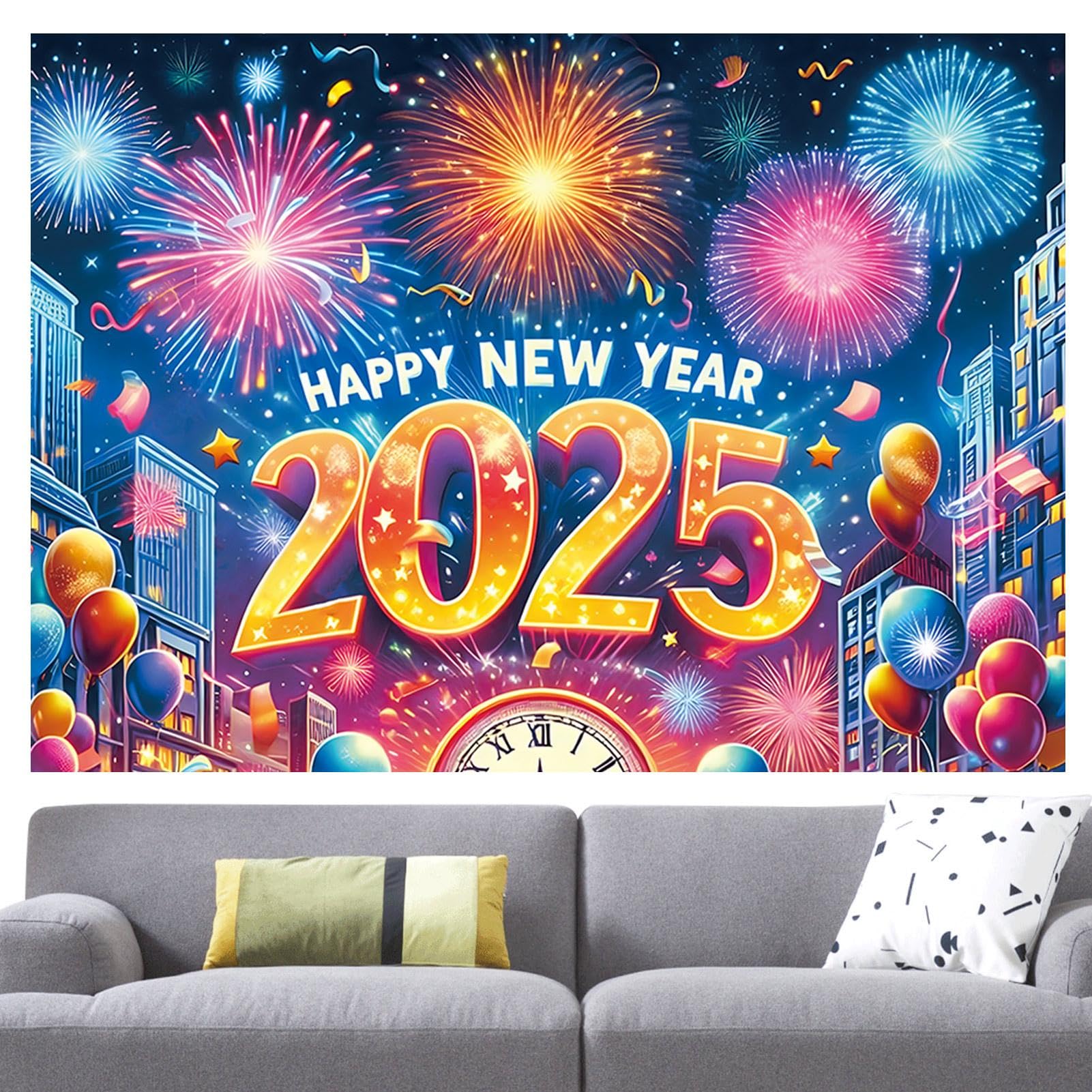 2D Fond d'écran de feux d'artifice du Nouvel An - 1 pièce de toile de fond en polyester, convient pour la décoration de fête du Nouvel An, bannière universelle de table de
