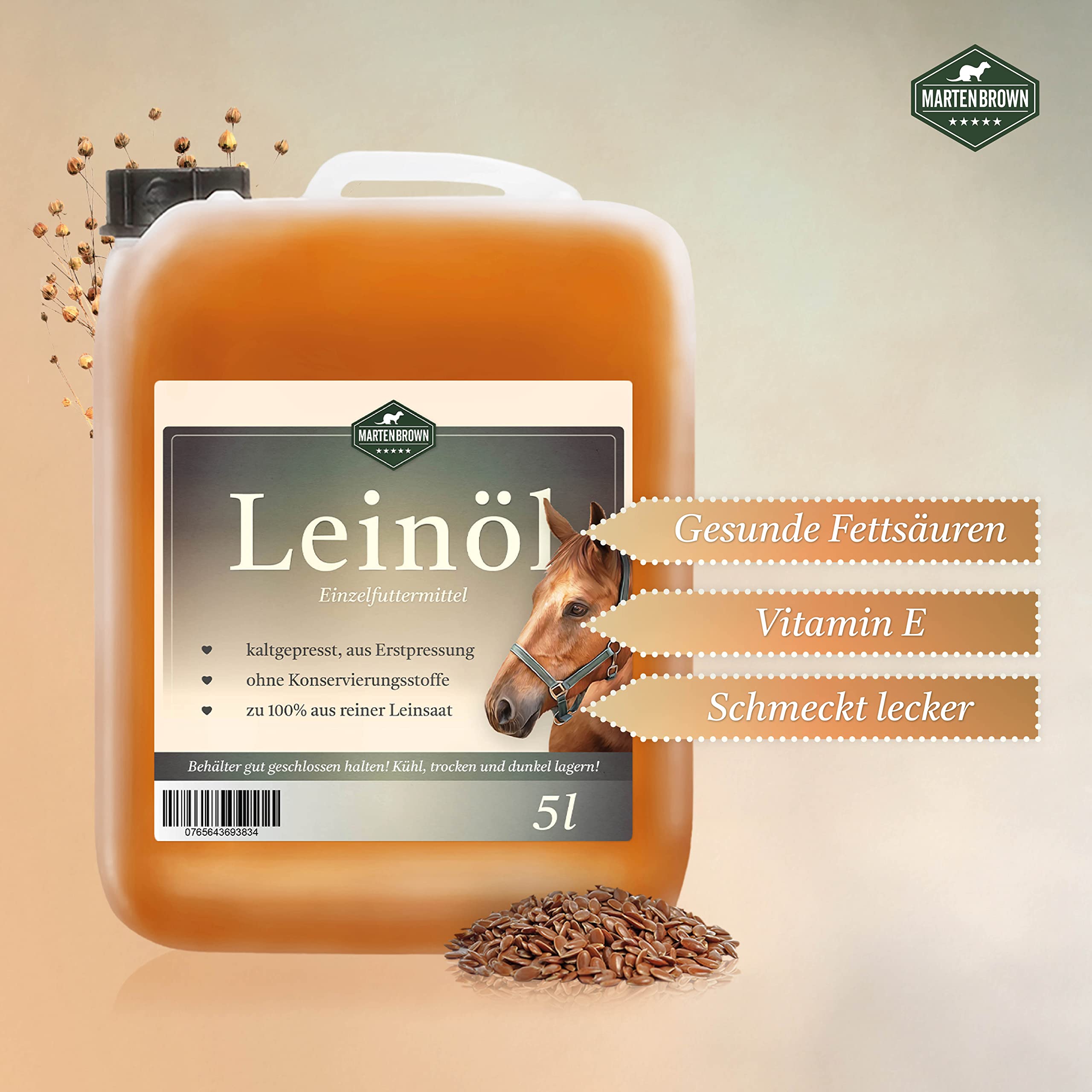 Martenbrown® Aceite de linaza prémium para caballos, perros y otros animales, en bidón XXL [5 litros] | prensado en frío y 100% puro y natural | Complemento alimenticio para animales