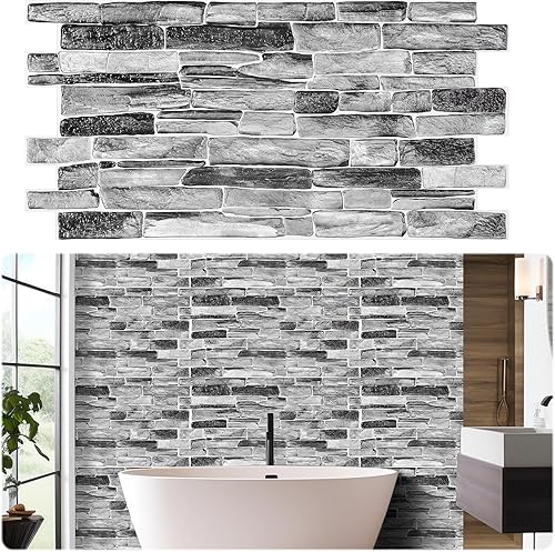 16 paneles de pared 3D de ladrillo en estilo pizarra plateada, paneles de piedra de PVC impermeables, papel tapiz de ladrillo 3D, ideal para sala de