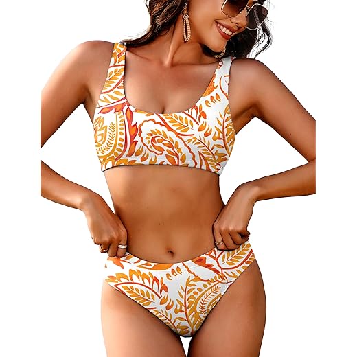 AI'MAGE Conjunto de biquíni feminino com nervuras esportivas, gola redonda, duas peças, biquíni de corte alto PP-2GG