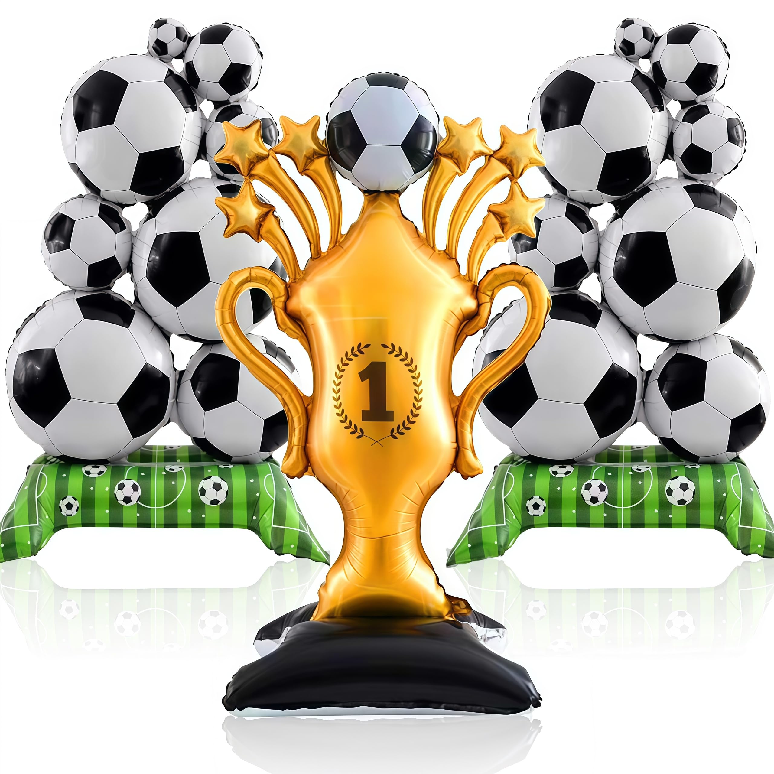 Football Party Decorations 2026 – Giant Self-Standing Trophy Balloon (82x150cm) with 2 Standing Soccer Ball Balloons (56x98cm), Football Theme Party Decor for Birthday & Match Viewing Events