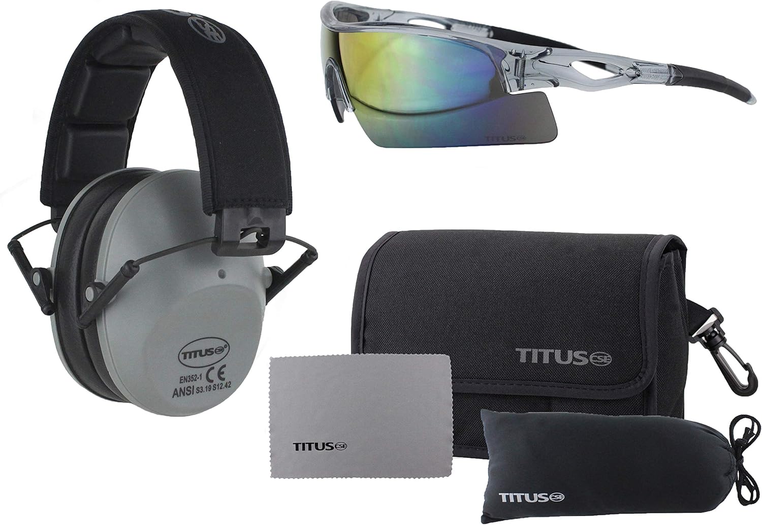 TITUS Slim-line Earmuffs and Safety Glasses Combo Pack (Grey, Grey Frame w/Mirrored Lens)