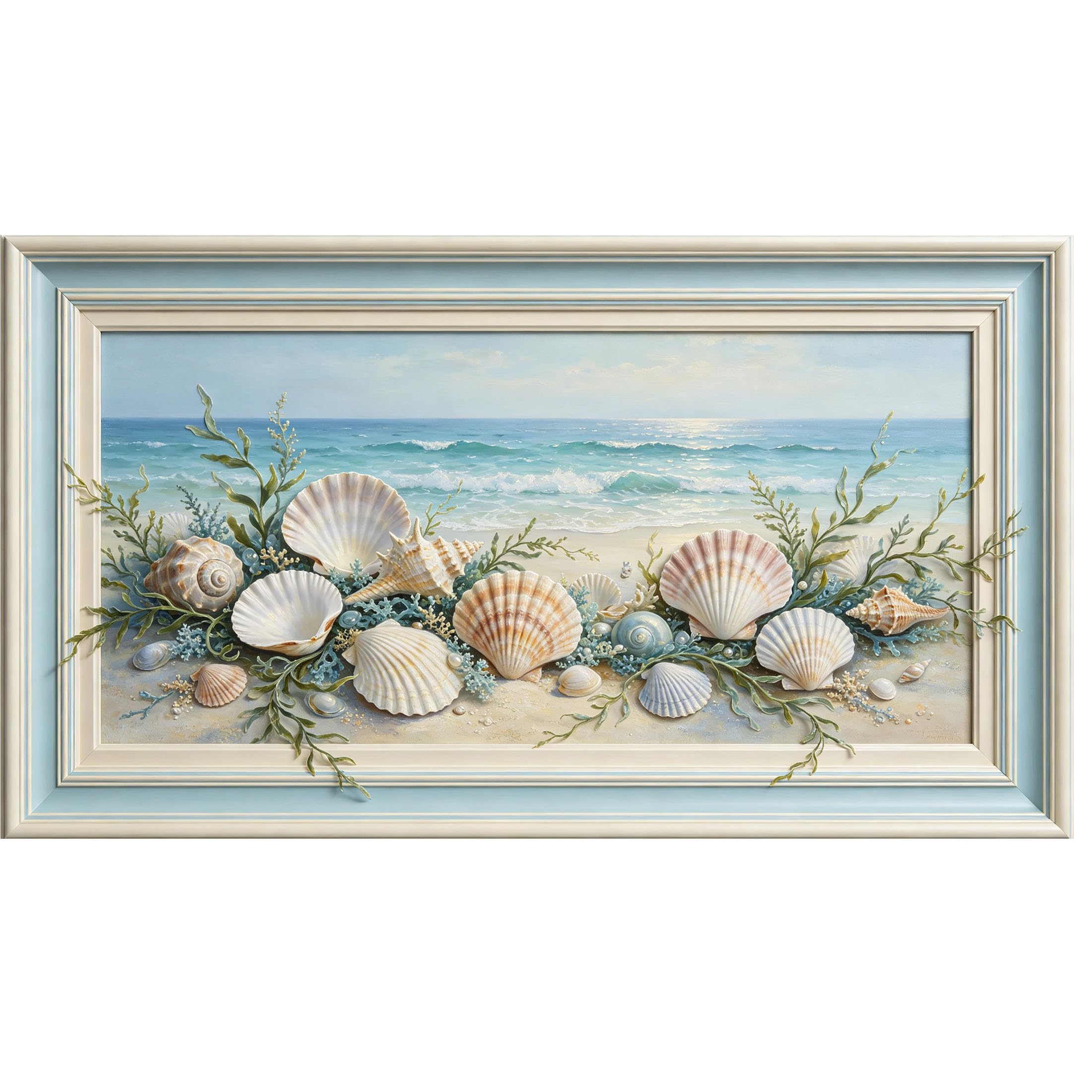QZLITHOTIC 50x90cm3D Framed Wall Art， Coastal Seashell Ocean Beach Shore Scene Self‑Adhesive Mural， Water‑Activated Peel & Stick Fabric Decor Wall Decal for Bedroom Living Room