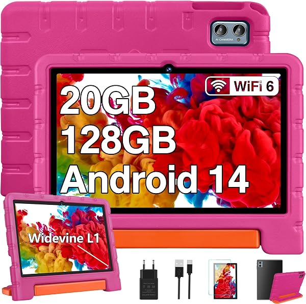 ZIOVO Tablette 10 Pouces Android 14 Tablette Enfants,20Go RAM+128Go ROM(TF 1To),Widevine L1,WiFi 6 Tablettes,Octa-cœur, 6000mAh | 5+8MP | BT 5.0 | Contrôle Parental Tablettes avec EVA Cas-Rose - 1