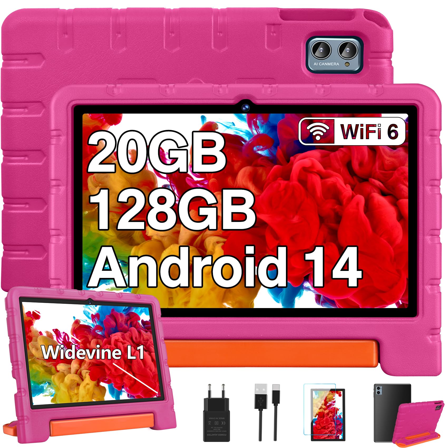 ZIOVO Tablet 10 Pollici Android 14 Tablet Bambini, 20GB RAM+128GB ROM(TF 1TB),WiFi6 Tablet in Offerta, Widevine L1/Octa-Core/BT 5.0/8+5 MP/6000mAh/Tablet per Bambini,Tablet con EVA Caso - Rosa