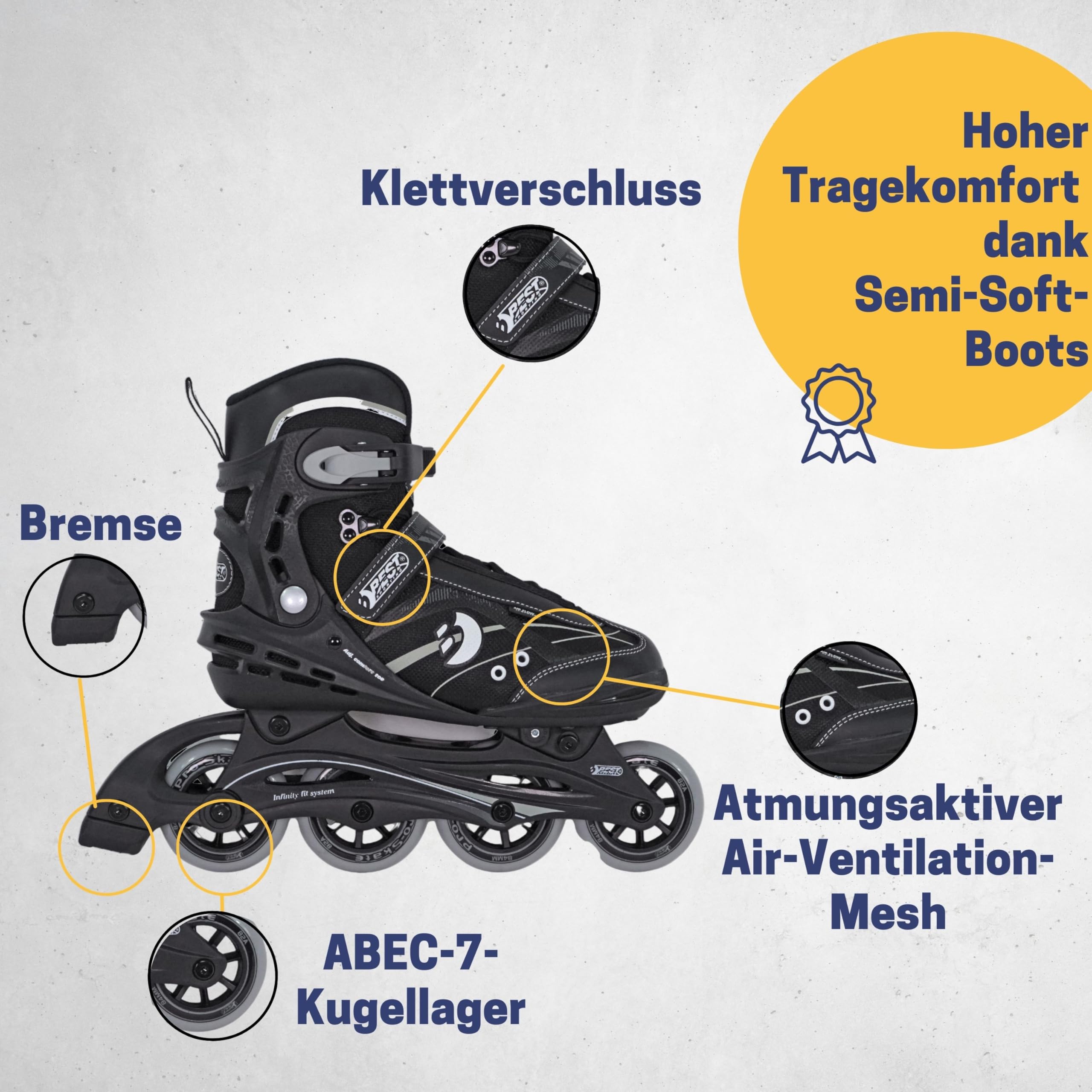 Best Sporting Inline Skates Erwachsene & Jugendliche I Rollschuhe Erwachsene I Breitenverstellung bis 6 mm I robuste Inliner mit Bremse I schwarz I Rollerskates Schuhe I Inliner mit 4 Rollen