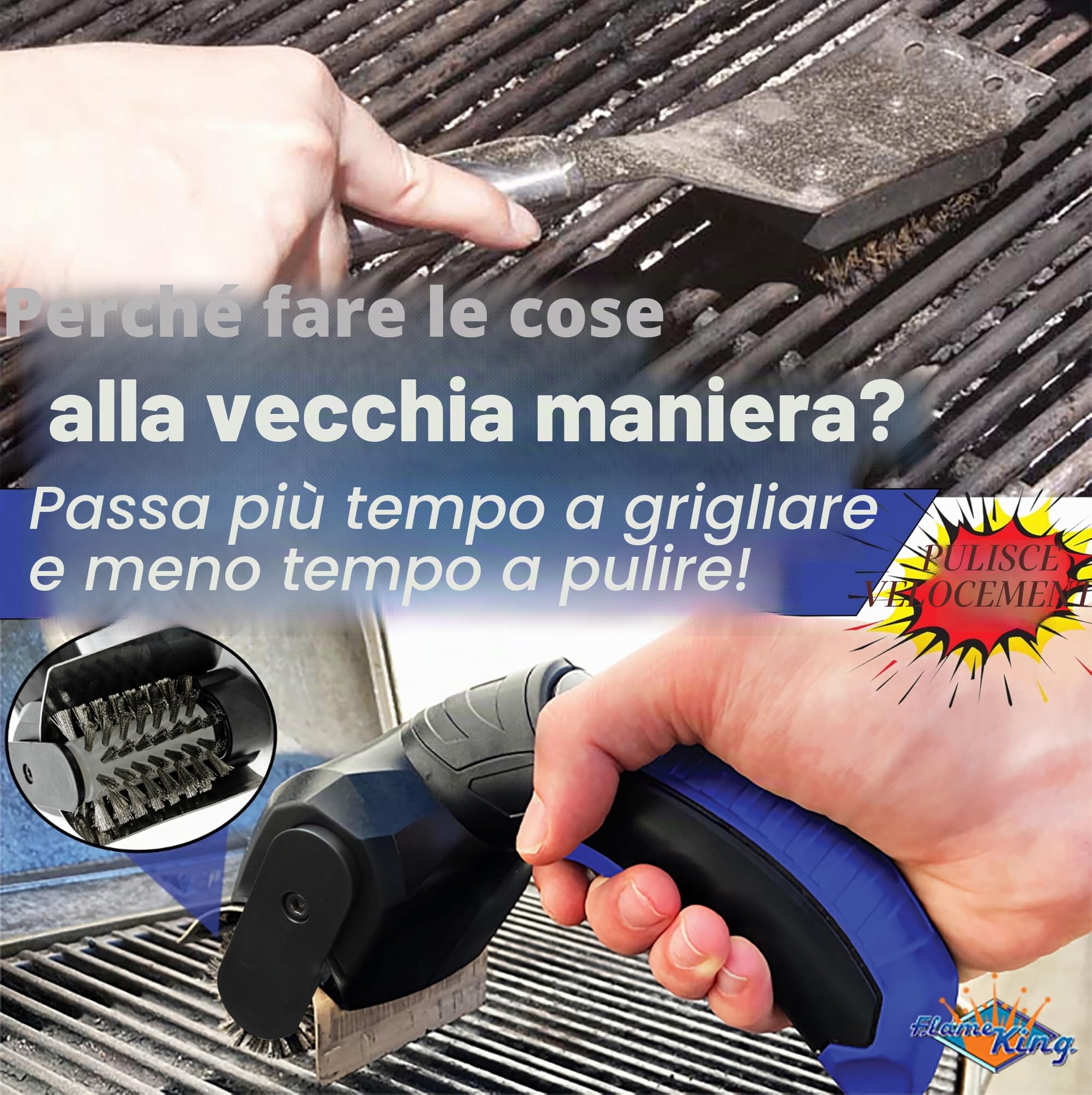 Flame King Spazzola per polvere elettrica per griglia di barbecue, senza fili e ricaricabile, setole in acciaio inox, tipi di griglia