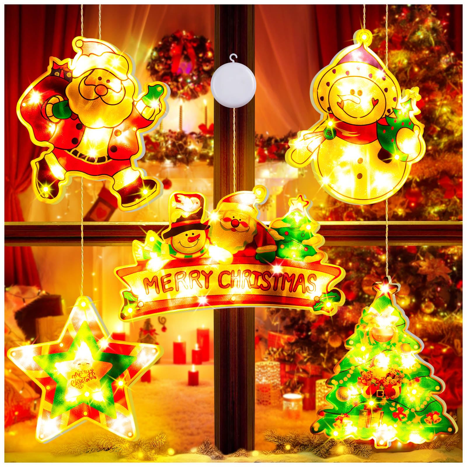 5 Pcs Christmas Window Lights Decorations - Lighted Silhouette Decoration with Suction Cups, Battery Operated Hanging Christmas Window Light Decor