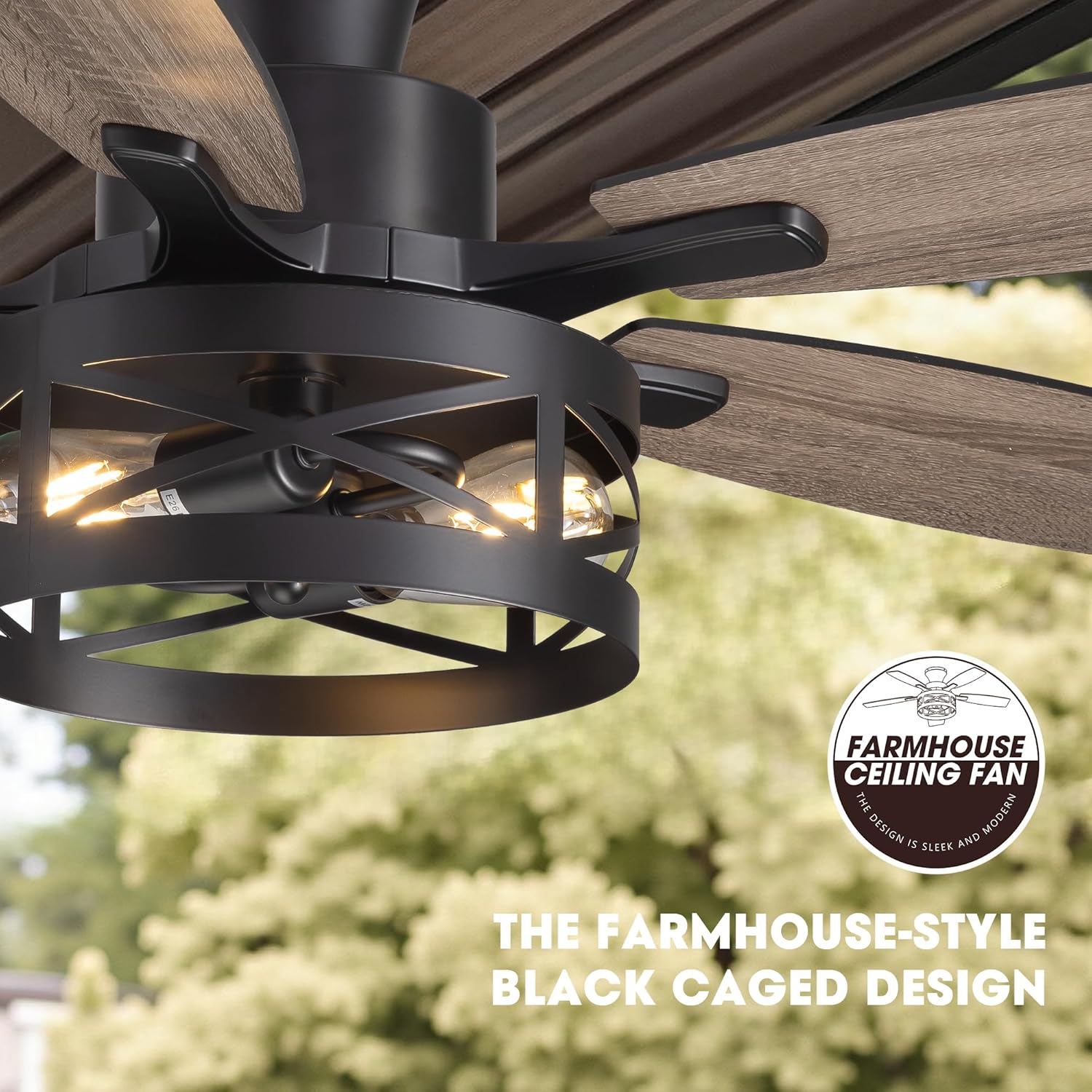 42 Inch Flush Mount Ceiling Fans with Lights and Remote Control, Low Profile Farmhouse Ceiling Fan for Bedroom Living Room and Patio, Black Caged Ceiling Fan for Indoor and Outdoor Flush Mount - Black 42 Inch