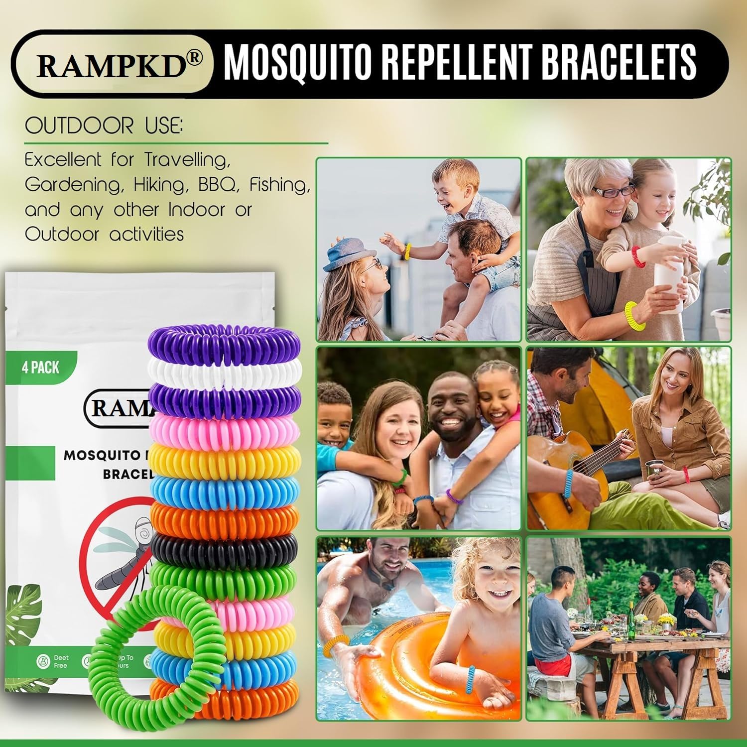 RAMPKD® Mosquito Repellent Bracelets Bands for Adults and Kids, All-Natural Deet-Free, Non-Toxic Protection, Stretchy Waterproof Anti-Mosquito Wristbands for Hiking and Camping (PACK OF-4) 2