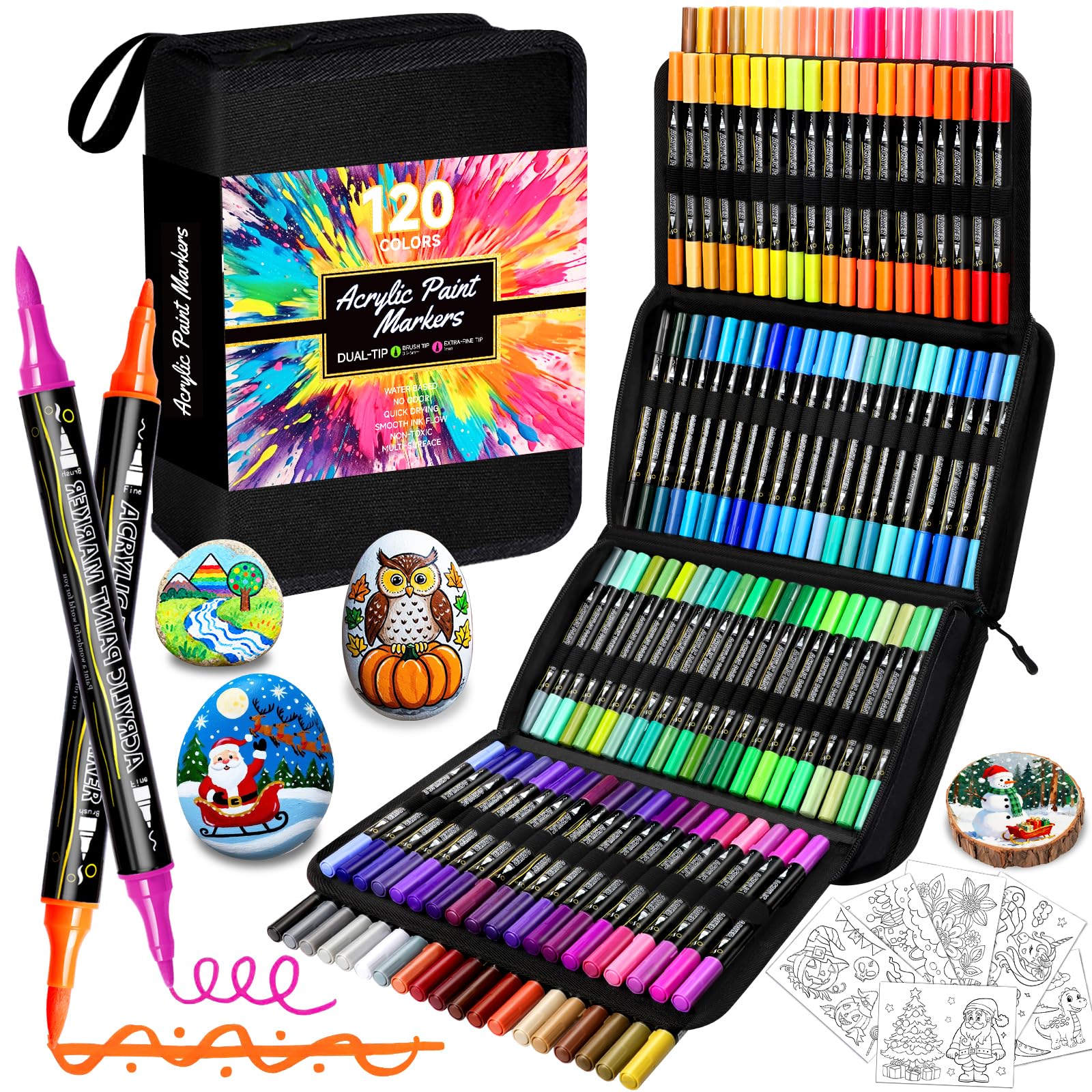120 Colores Rotuladores Acrilicos Punta Pincel, Rotuladores Lettering Doble Punta, Acrylic Paint Markers Canetas Marcador para Pintar Piedras, Vidrio, Cerámica, Tela, Madera, Metal, Plastico