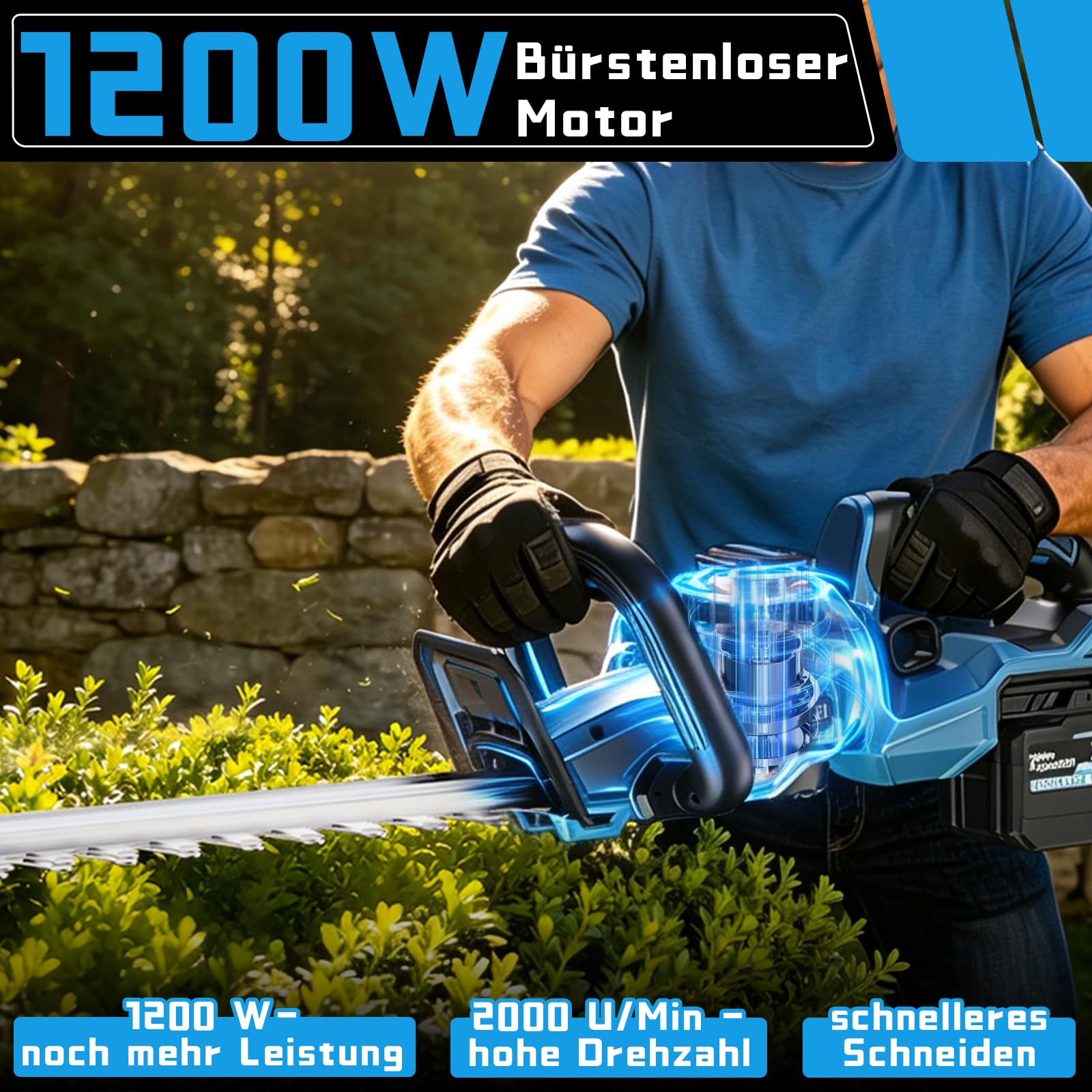 Akku Heckenschere Bürstenlos,Elektrische Heckenschere mit 2X 4,0Ah Akku und Ladegerät,1200W Bürstenloser Motor 52cm Schnittlänge 180° Einstellbarer Messerkopf, 14mm Schnittbreite für Gartenpflege