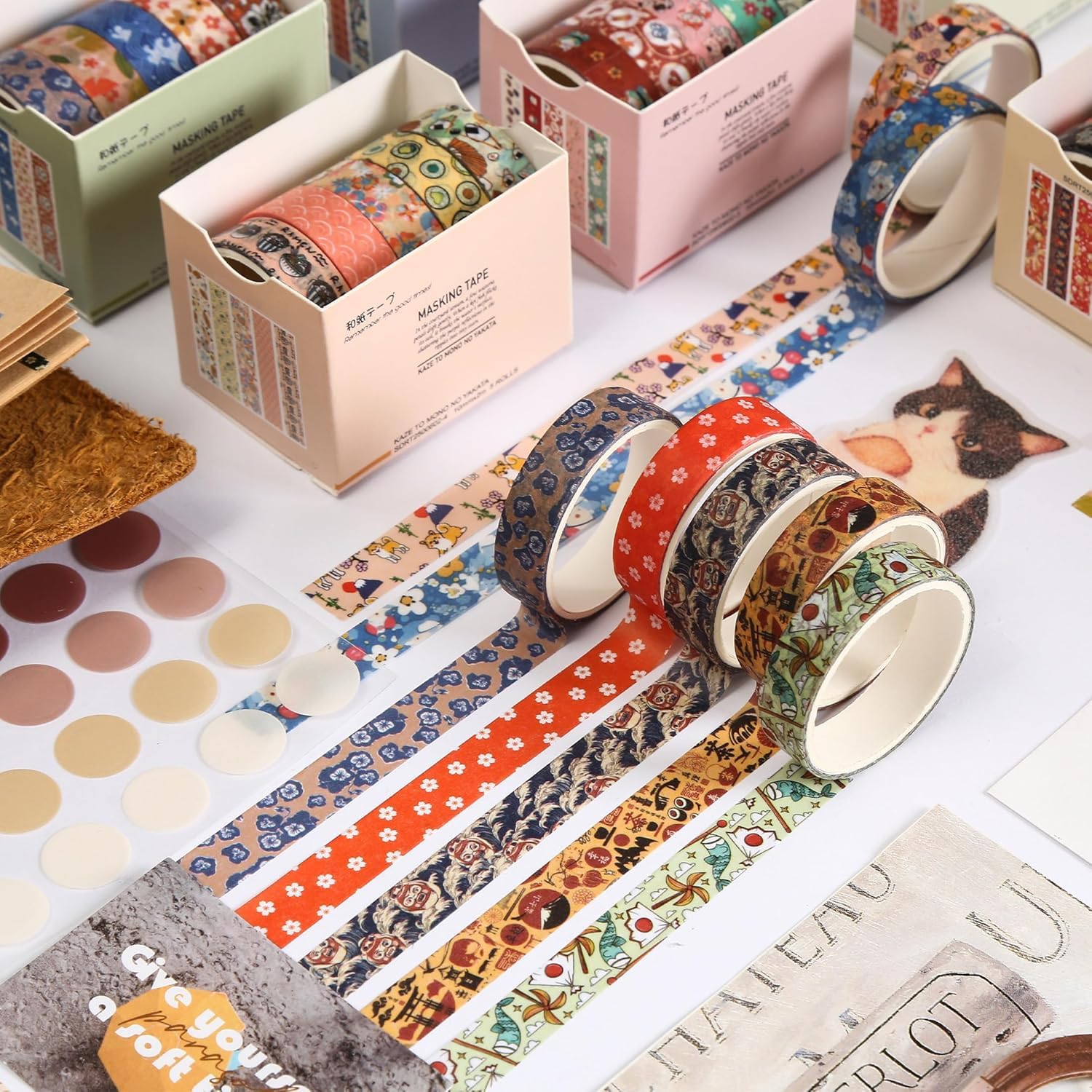 Zestaw 60 rolek taśmy Washi, sztuka retro, dekoracyjna taśma maskująca, podstawowe wzory, kolorowa taśma klejąca do majsterkowania, pamiętnika, planera, scrapbookingu, opakowania (kimono