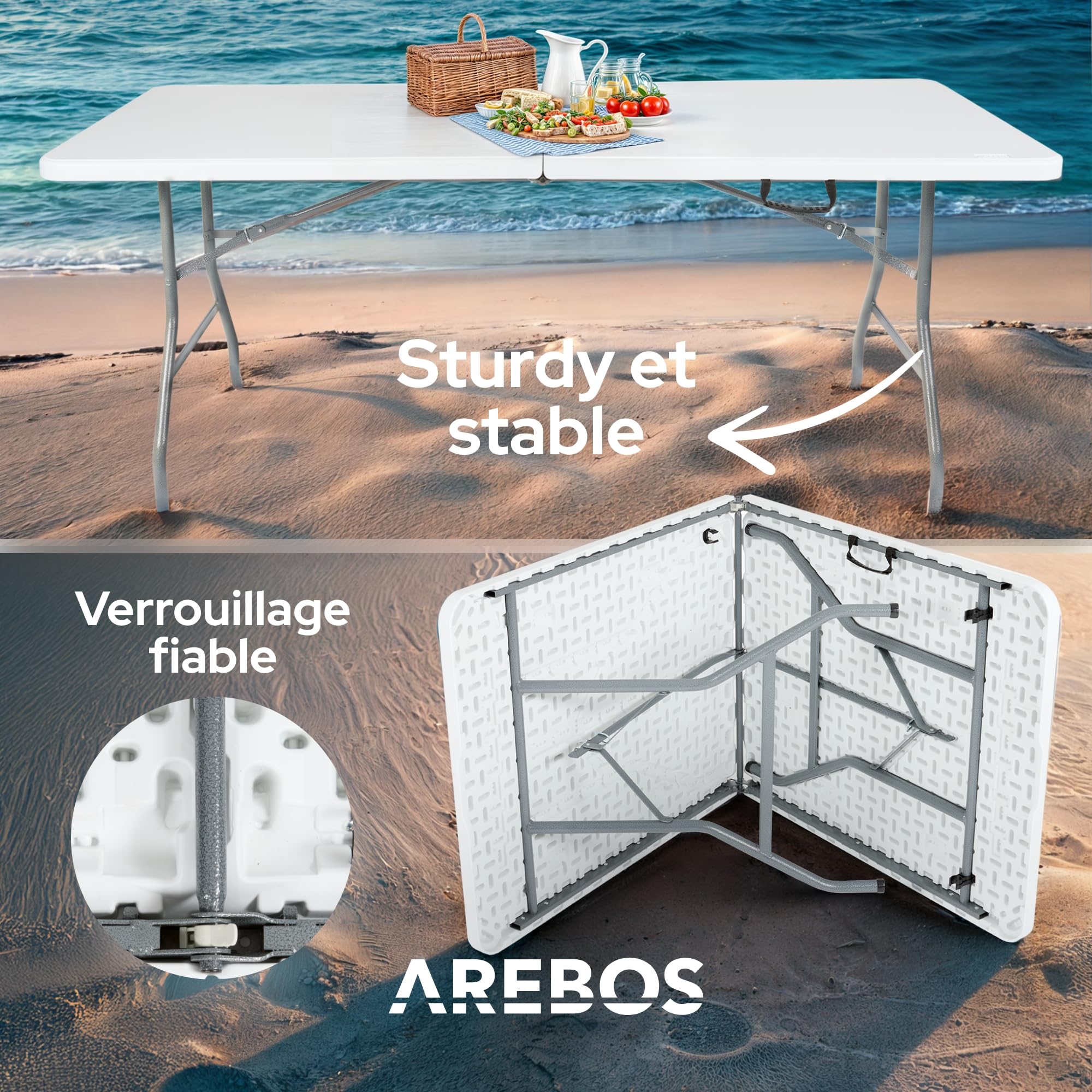 Grande Table Pliante 180 X 75 Cm Blanc Aspect Rotin – Table Jardin Buffet Avec Poignée Transport, Intérieur Extérieur 150 Kg