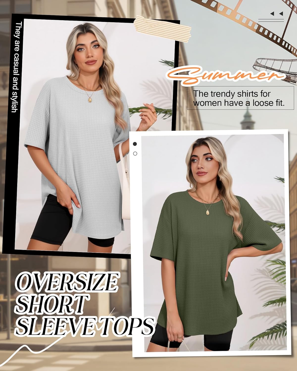 3 Pack Women's Oversize Short Sleeve Tops Waffle Knit Crewneck T-Shirts Summer Casual Side Split Tees(Black, Light Gray, Olive Green,Small) - Image 5