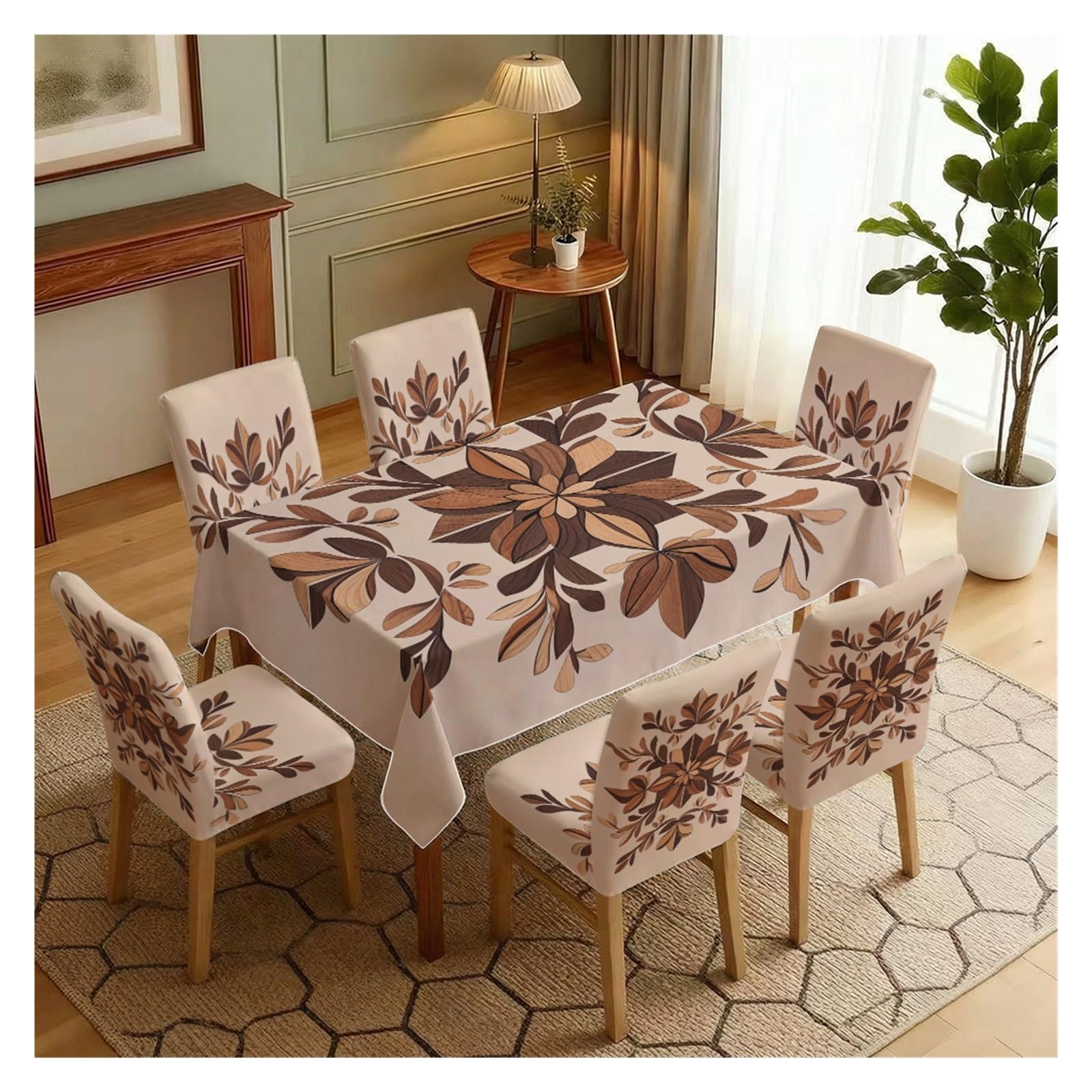 KXUAUV Retro Brown Leaf Print Tablecloth & Chair Covers Set, Slipcovers For Dining Room, Kitchen, Farmhouse & Casual Decor, 5/7 Pack Party Decor(7pcs Set: Tablecloth+Chair Covers)
