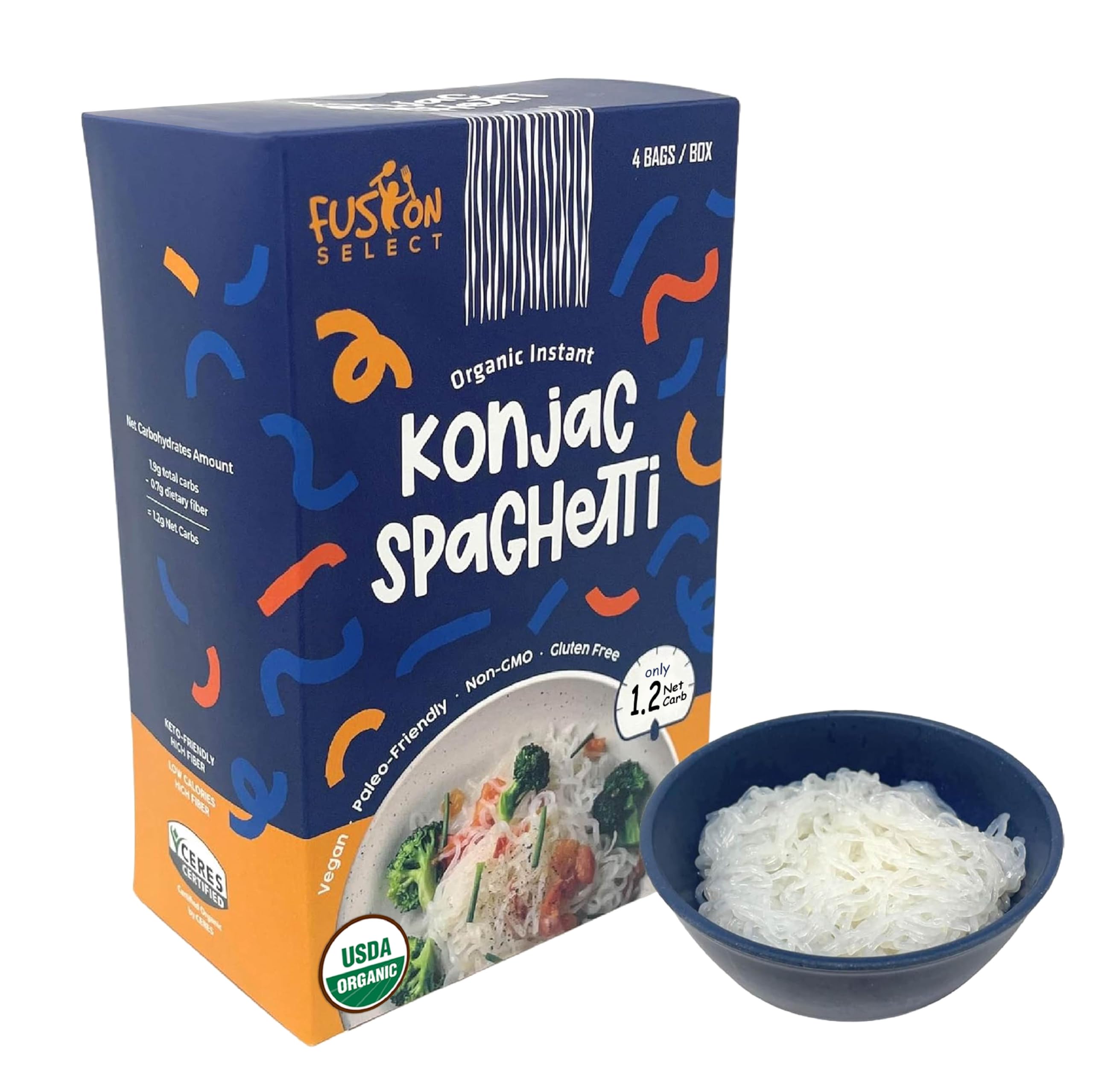 Fusion Select 4 Packs Organic Konjac Noodles - Shirataki Spaghetti Plant-Based Substitute - Vegan Pasta for Vegetarian, Keto, Paleo Recipes - Zero