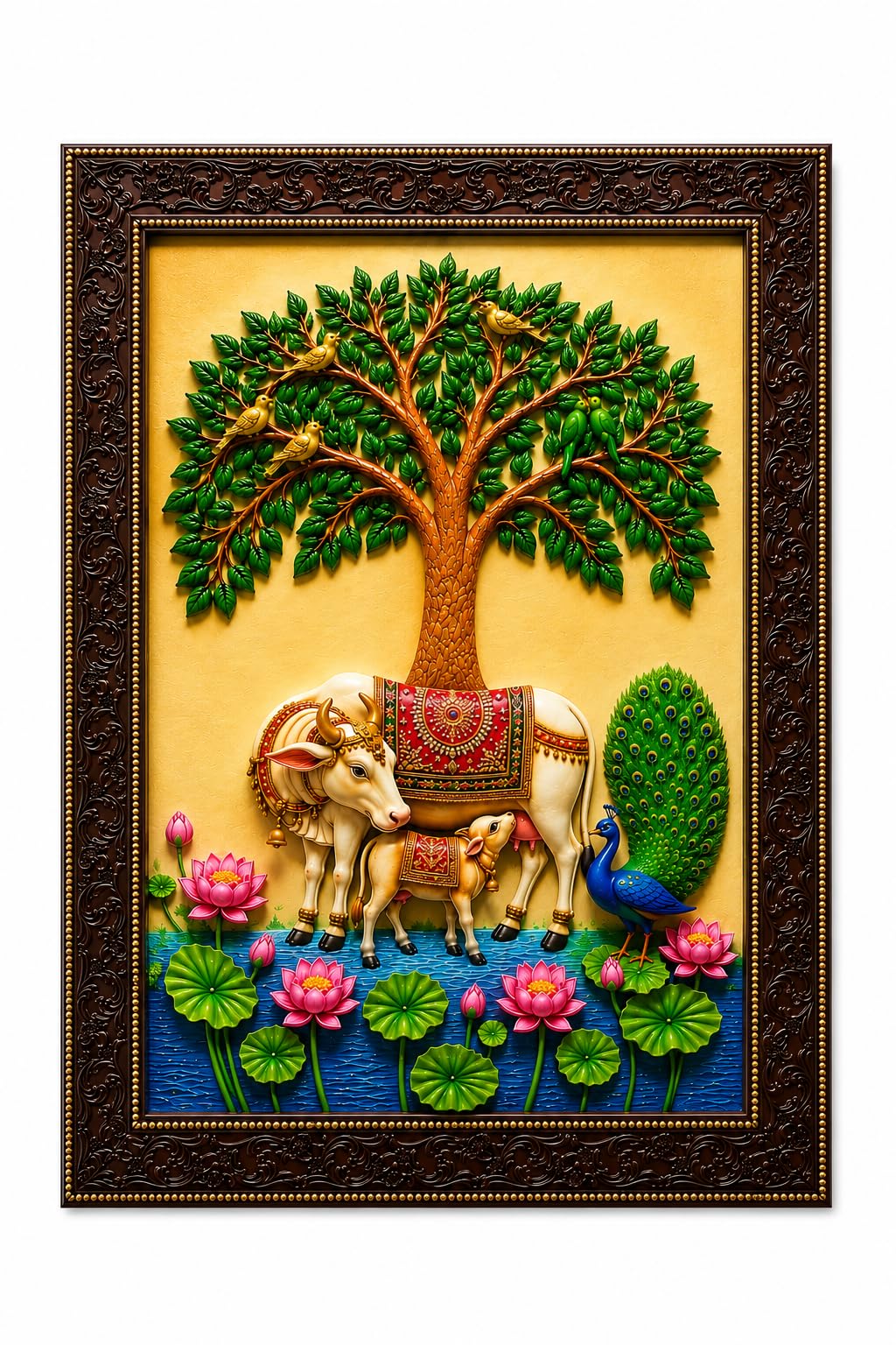 Kamadhenu Cow & Calf Wall Photo Frame with Tree of Life, Peacock & Lotus | 12 x 18 Inch (30.48 x 45.72 cm) Religious Wall Decor for Living Room, Pooja Room & Bedroom | Vastu Home Decoration | Housewarming Gift-image-7