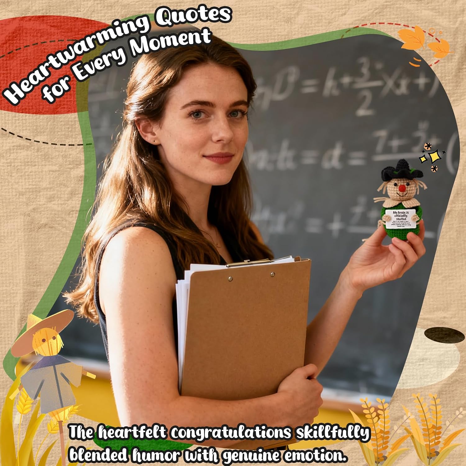 Funny Teacher Appreciation Gift Crochet Scarecrow, 'My Brain is Stuffed' Thank You Present - Handmade Keepsake for End of Year, Christmas, Professor, Mentor Desk Decor