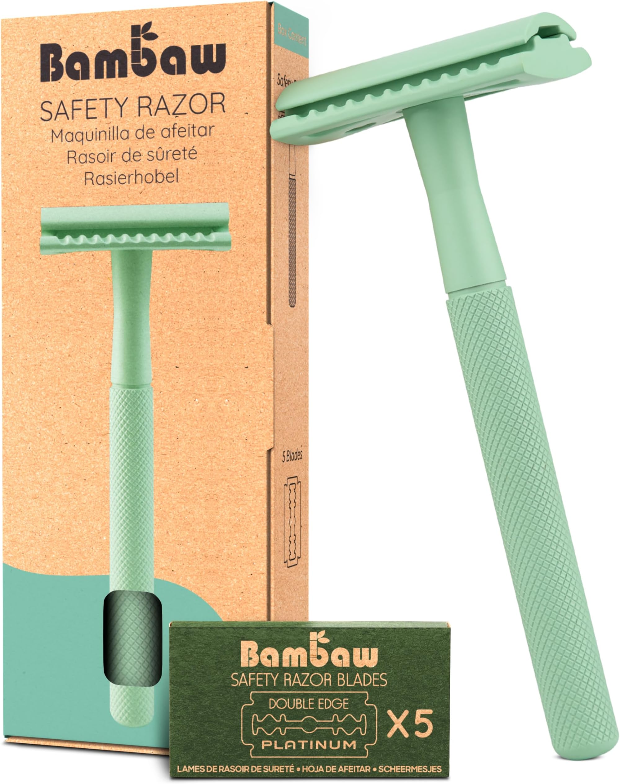 Bambaw Single Blade Razors for Women and Men with 5 Double Edge Safety Razor Blades, Stainless Double Edge Razor, Eco Friendly Razor, Reusable & Plastic Free - Mint Green