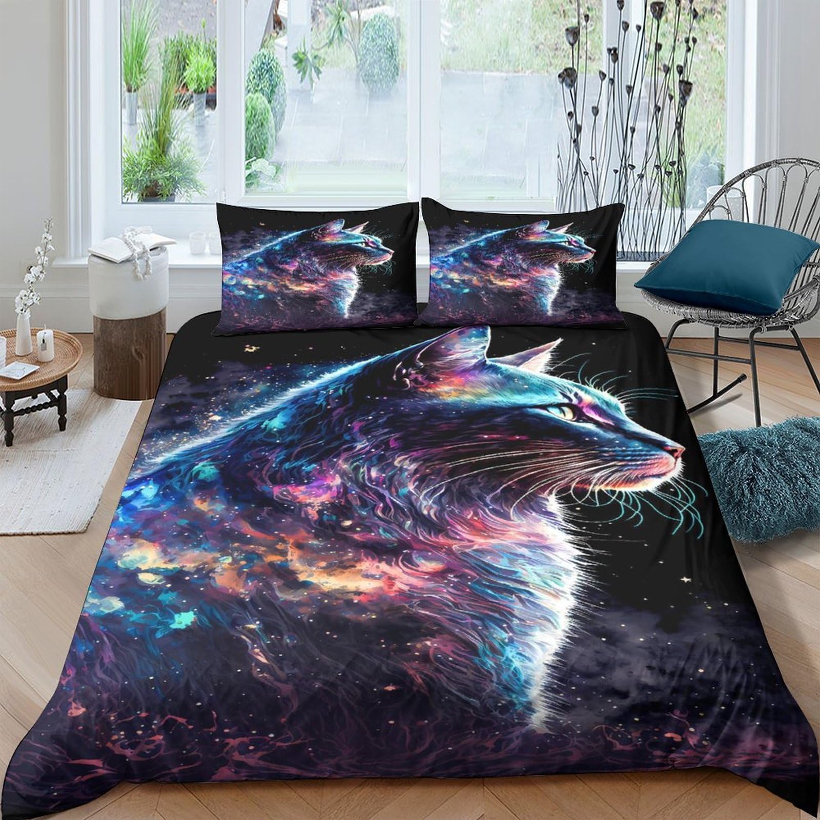 Ctjqhvkz Style-1 3D Printed Galaxy Cat Fitted Sheet Microfiber Soft Breathable Cosmic Nebula Mattress Cover Bedroom Decor Single（135X200cm）