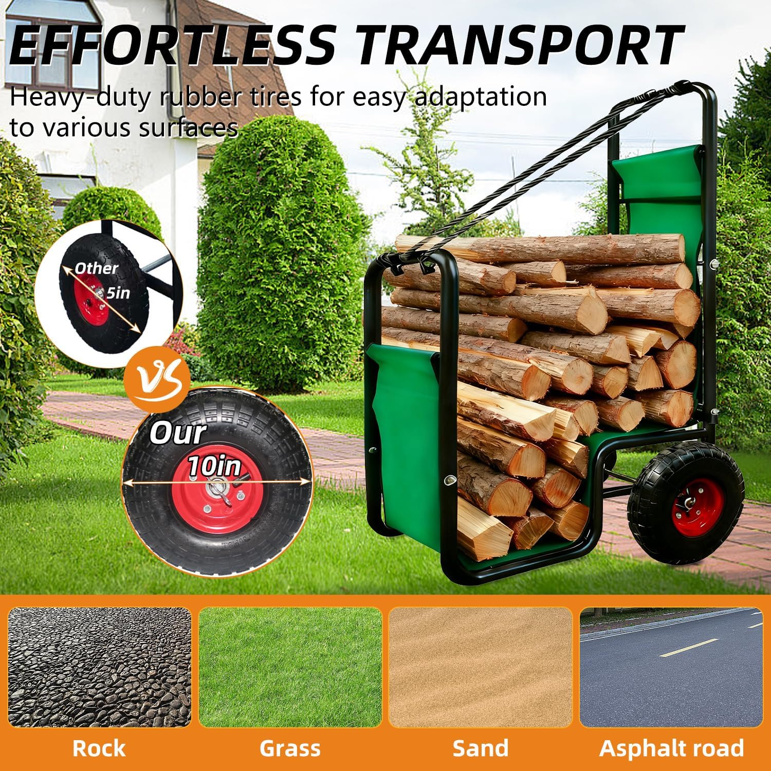 Kapler Firewood Cart with Wheels - Heavy Duty Steel Dolly Hauler & Wear-Resistant PVC Coated Oxford Fabric - 250 LB Capacity for Indoor Outdoor Fireplace Fire Pit Use