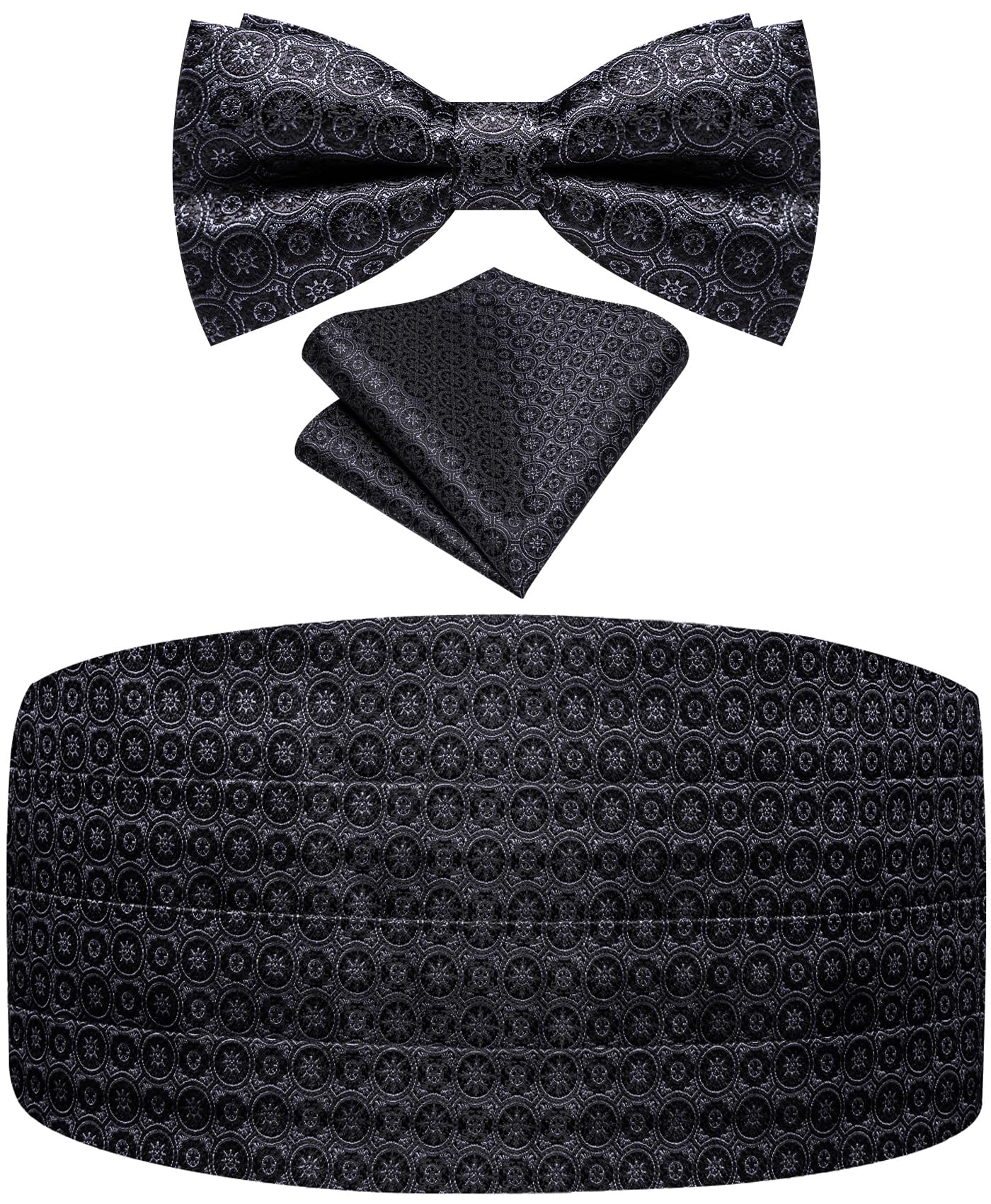 Paisley Floral Tuxedo Cummerbund Bow Tie Pocket Square Set for Men