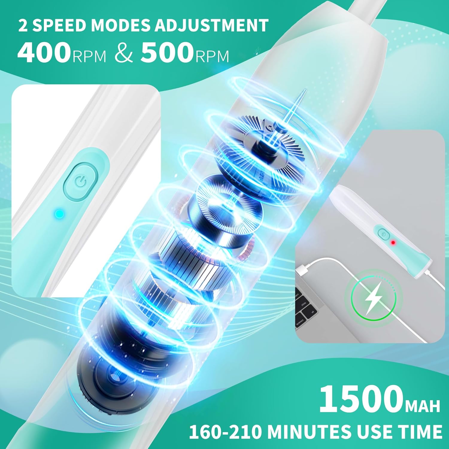 Electric Bottle Brush Cleaner,Rechargable Electric Baby Bottle Brush Cleaner,Travel Bottle Cleaner Kit with Silicone Bottle Brush,Straw Cleaner,Nipple Brush,Bottleneck Brush,Green
