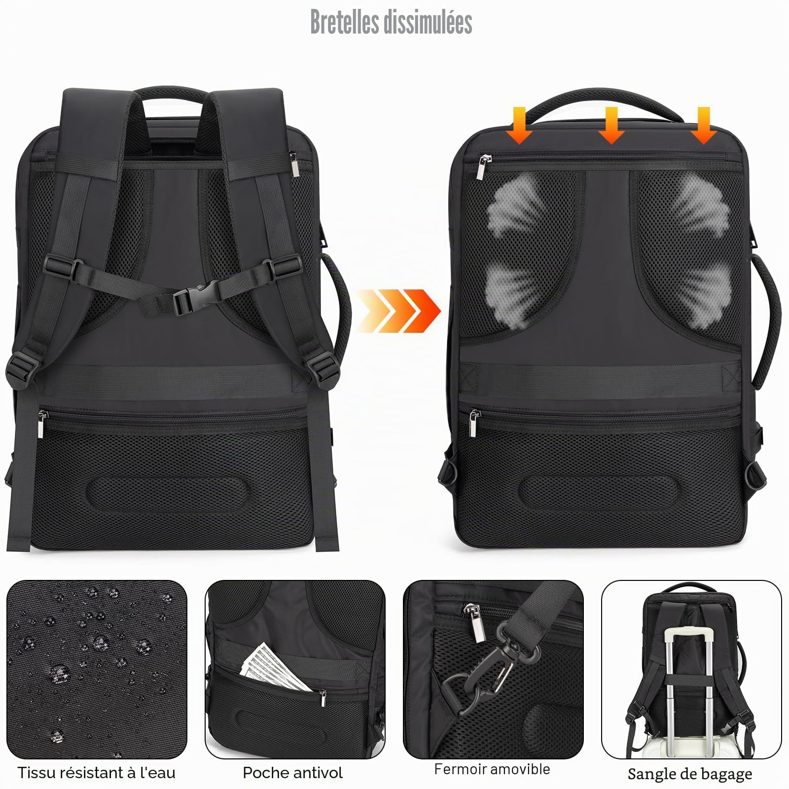 Tzowla Sac a Dos Voyage Cabine Avion 40L pour Ordinateur Portable pour Homme et Femme,Sac à Dos de Etanche Grande Capacité Antivol Avec Port de USB,Sac à Dos PC Portable de 17,3 Pouces, Noir