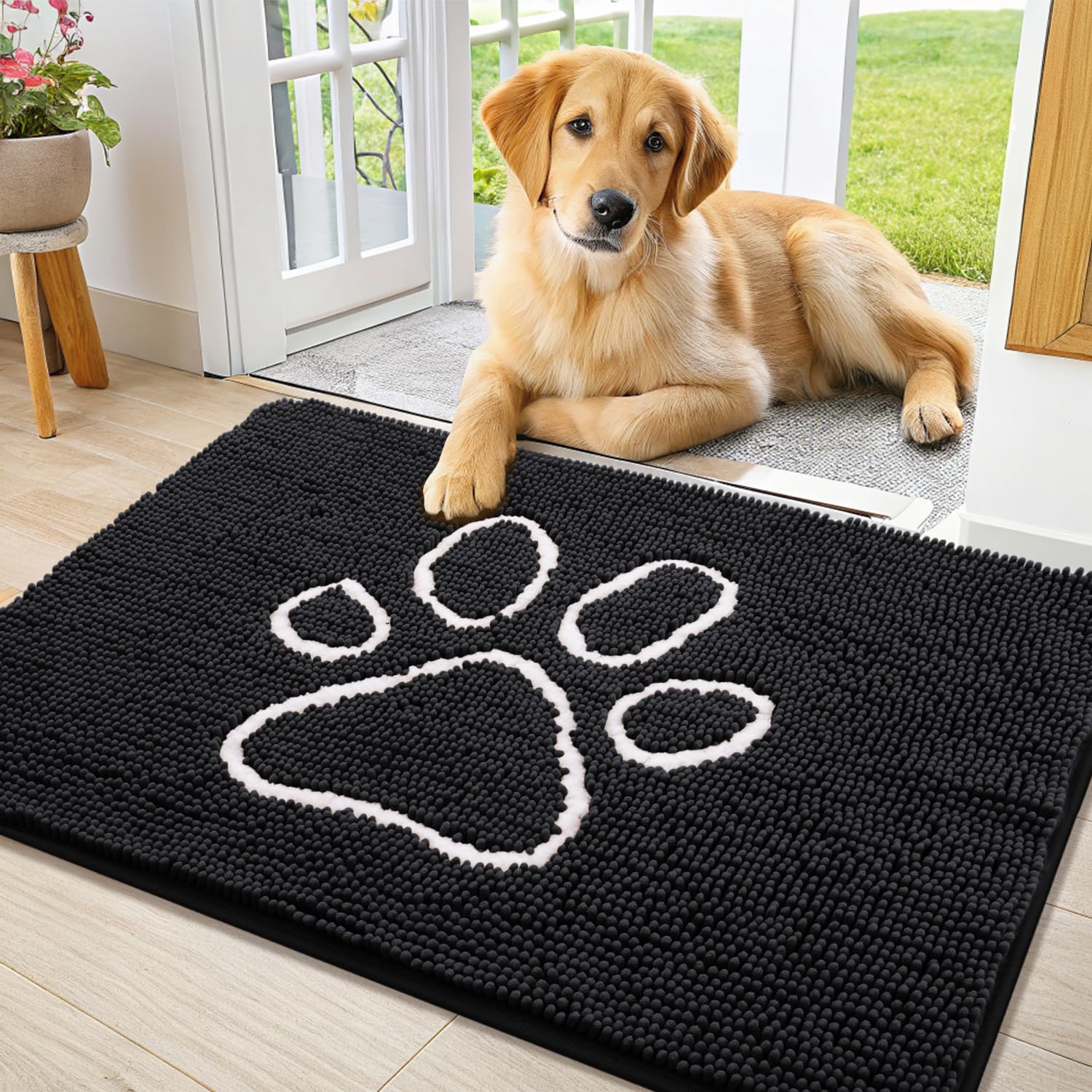 Smiry Dog Door Mat for Muddy Paws, Absorbent Dirt Trapper Non Slip Quick Dry Washable Chenille Mat for Mud Dogs, Entry Rug for Indoor and Outdoor (