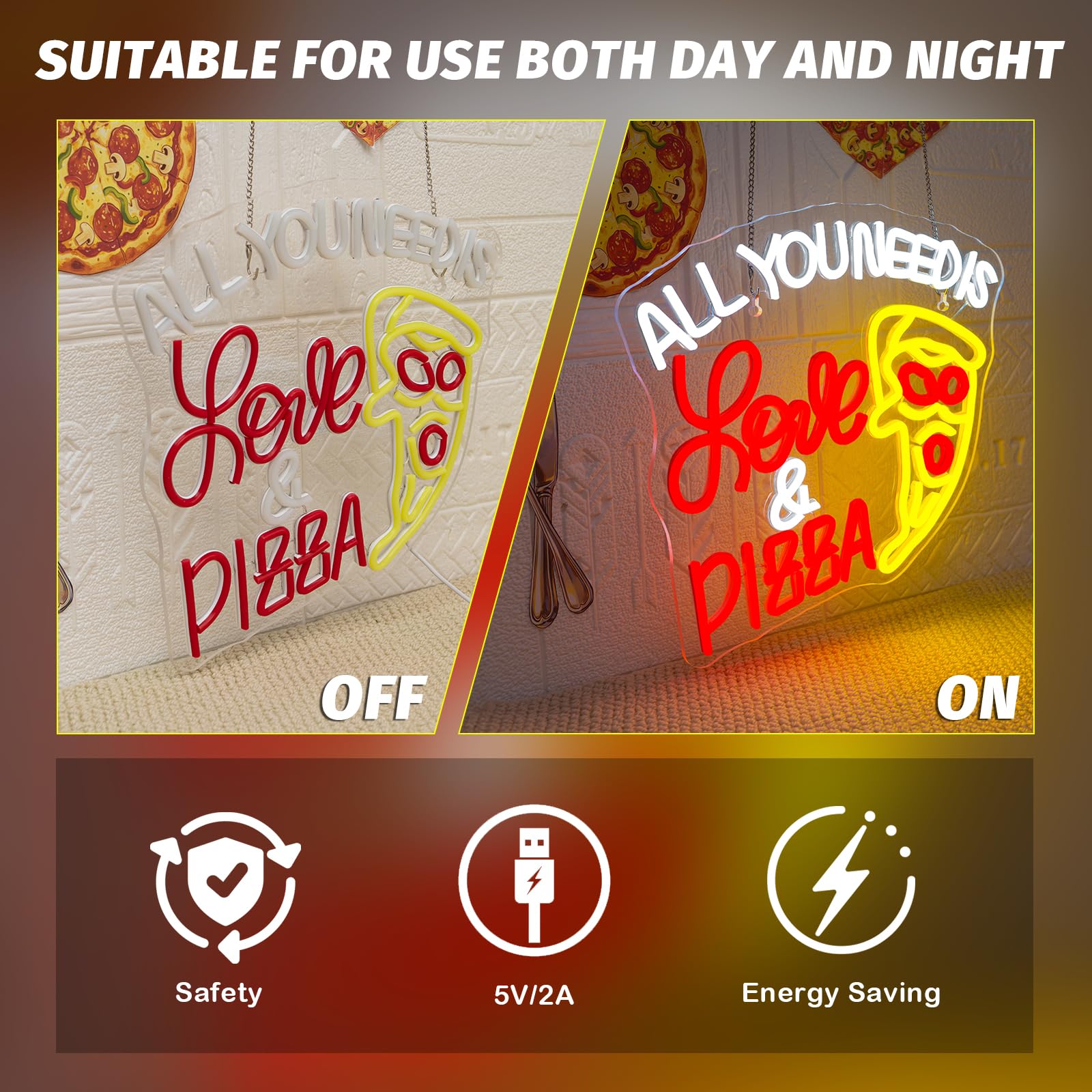 All You Need Is Love & Pizza Insegna Led Pizza Lampada Neon USB Dimmerabile Insegna al Neon Decorazione Letter Insegne Luminosee per Pizzeria Negozio, Regalo, Camera da Letto, Ristorante, Cucina