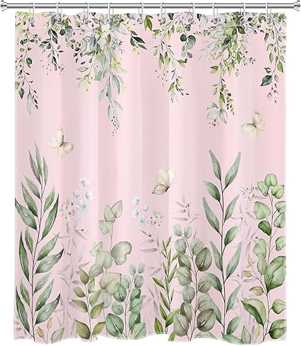 Miniatura 2 de LB Cortina de ducha de hojas de eucalipto verde salvia, hojas de acuarela, mariposa en rosa, cortina de ducha de baño con plantas naturales,